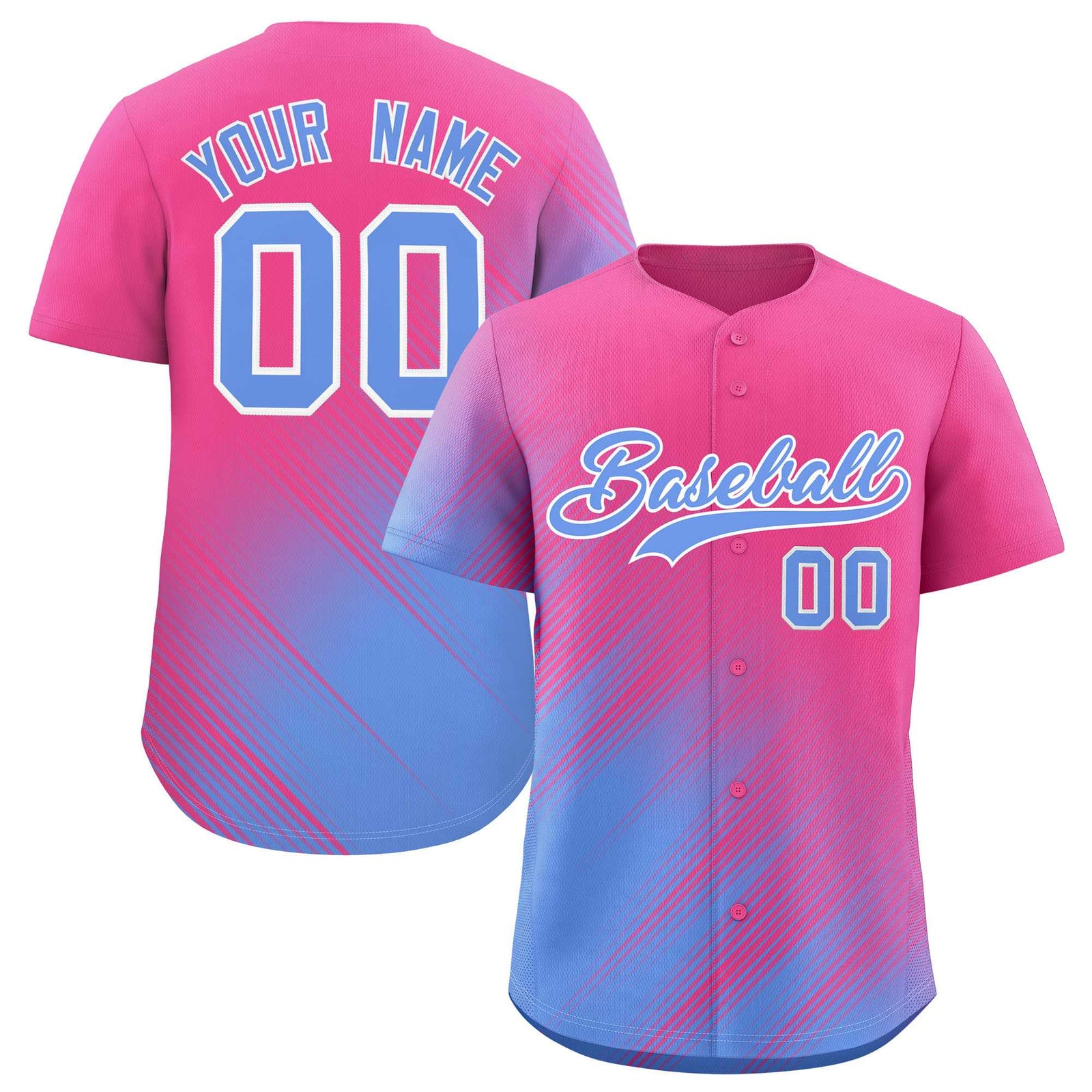 Custom Pink Light Blue Diagonal Stripe Personalized Gradient Fashion Baseball Jersey