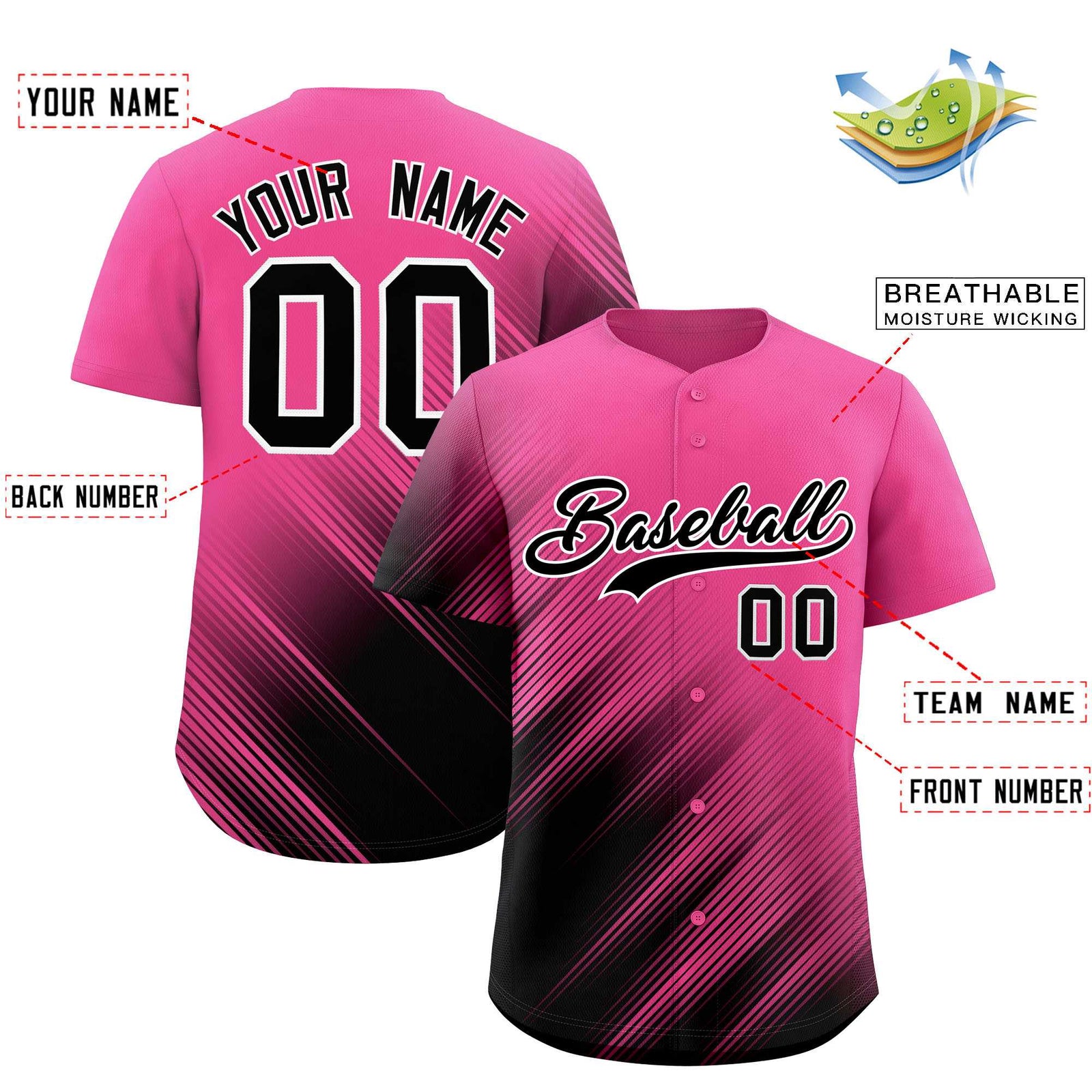 Custom Pink Black Diagonal Stripe Personalized Gradient Fashion Baseball Jersey