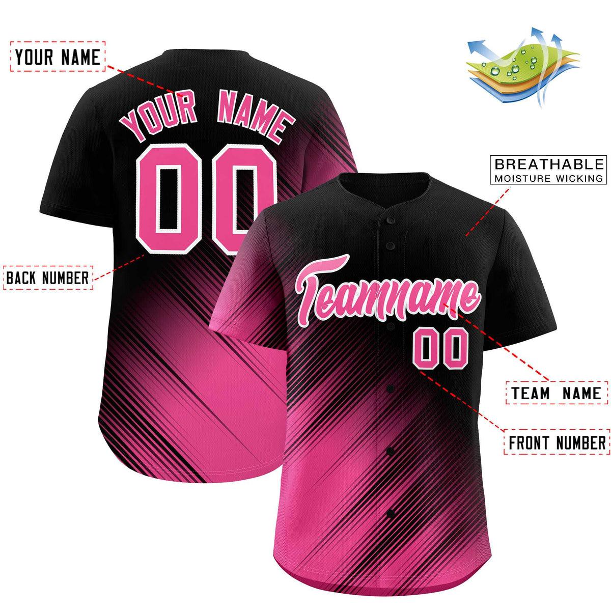 Custom Black Pink Diagonal Stripe Personalized Gradient Fashion Baseball Jersey