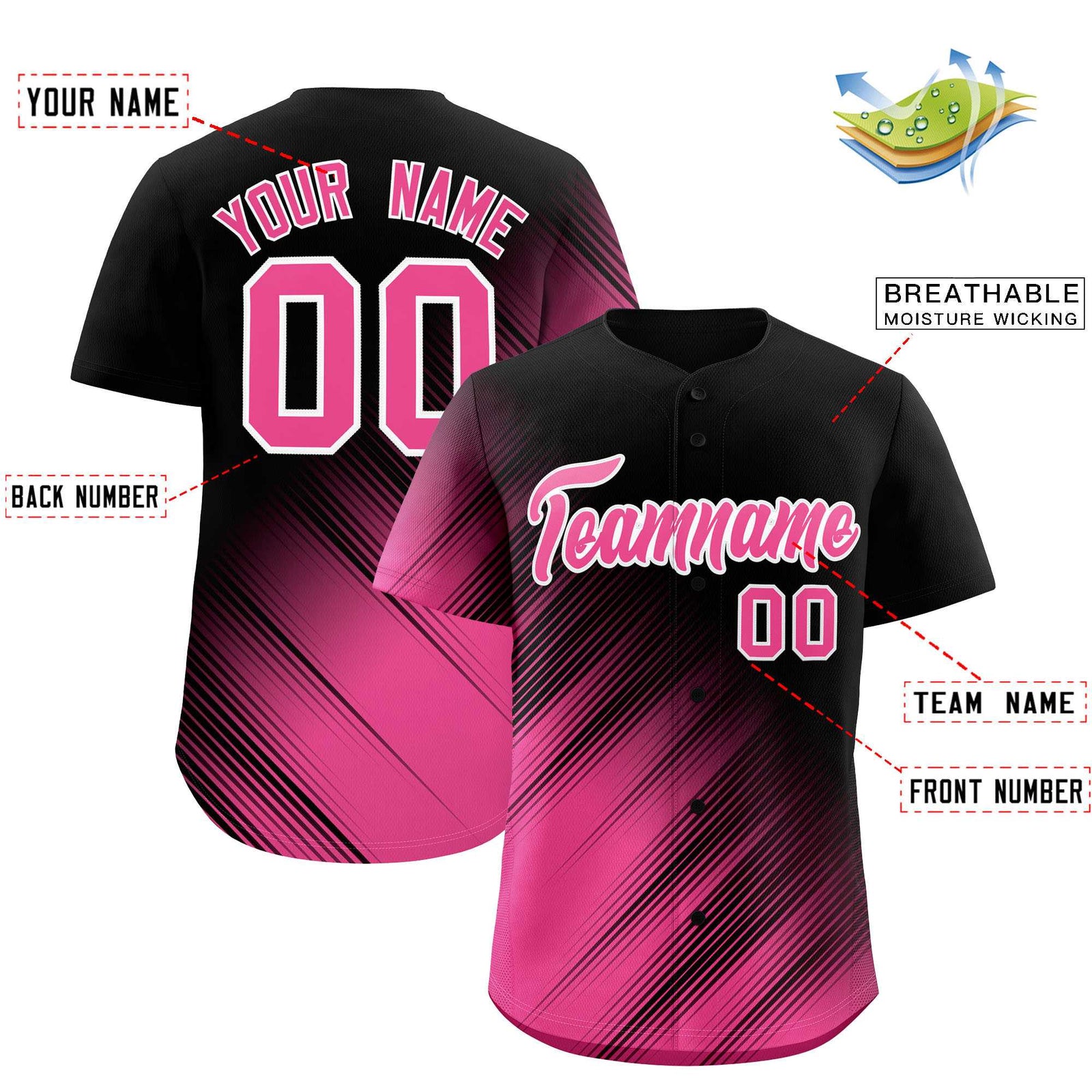 Custom Black Pink Diagonal Stripe Personalized Gradient Fashion Baseball Jersey