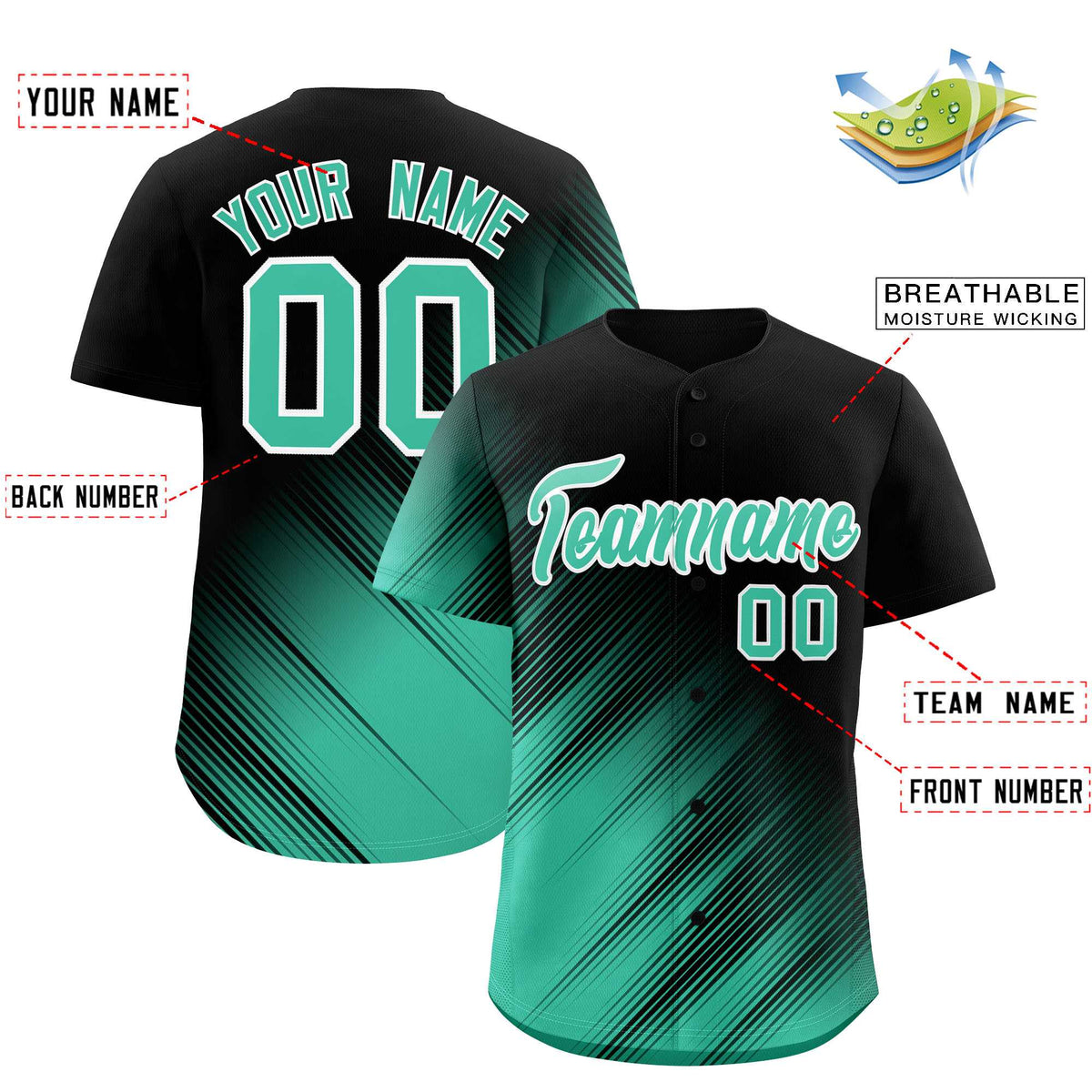 Custom Black Bright Green Diagonal Stripe Personalized Gradient Fashion Baseball Jersey