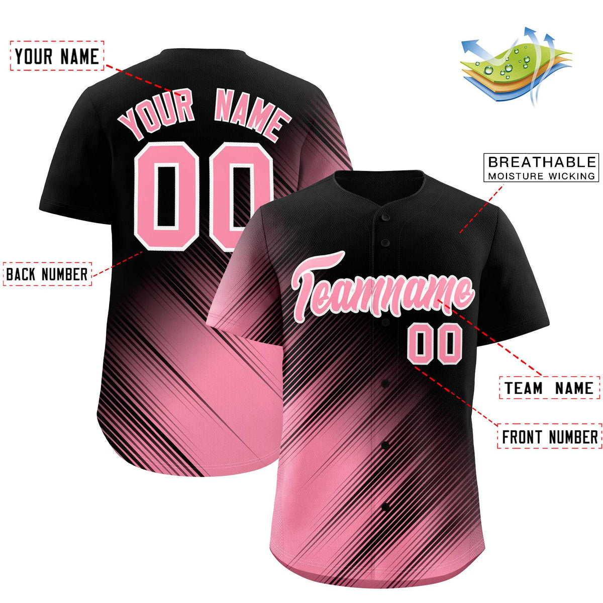 Custom Black Light Pink Diagonal Stripe Personalized Gradient Fashion Baseball Jersey