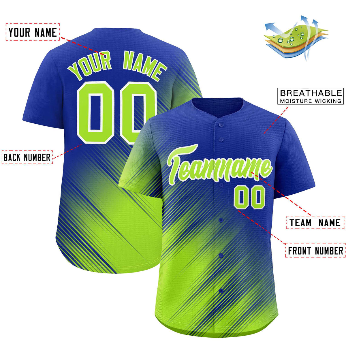 Custom Royal Neon Green Diagonal Stripe Personalized Gradient Fashion Baseball Jersey