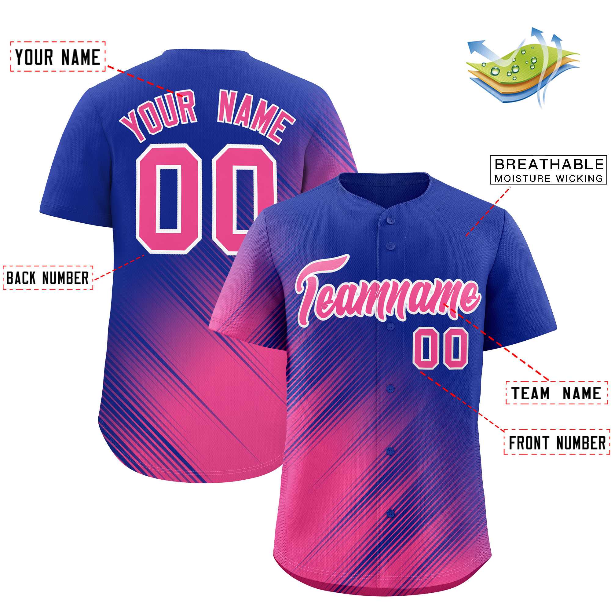 Custom Royal Pink Diagonal Stripe Personalized Gradient Fashion Baseball Jersey