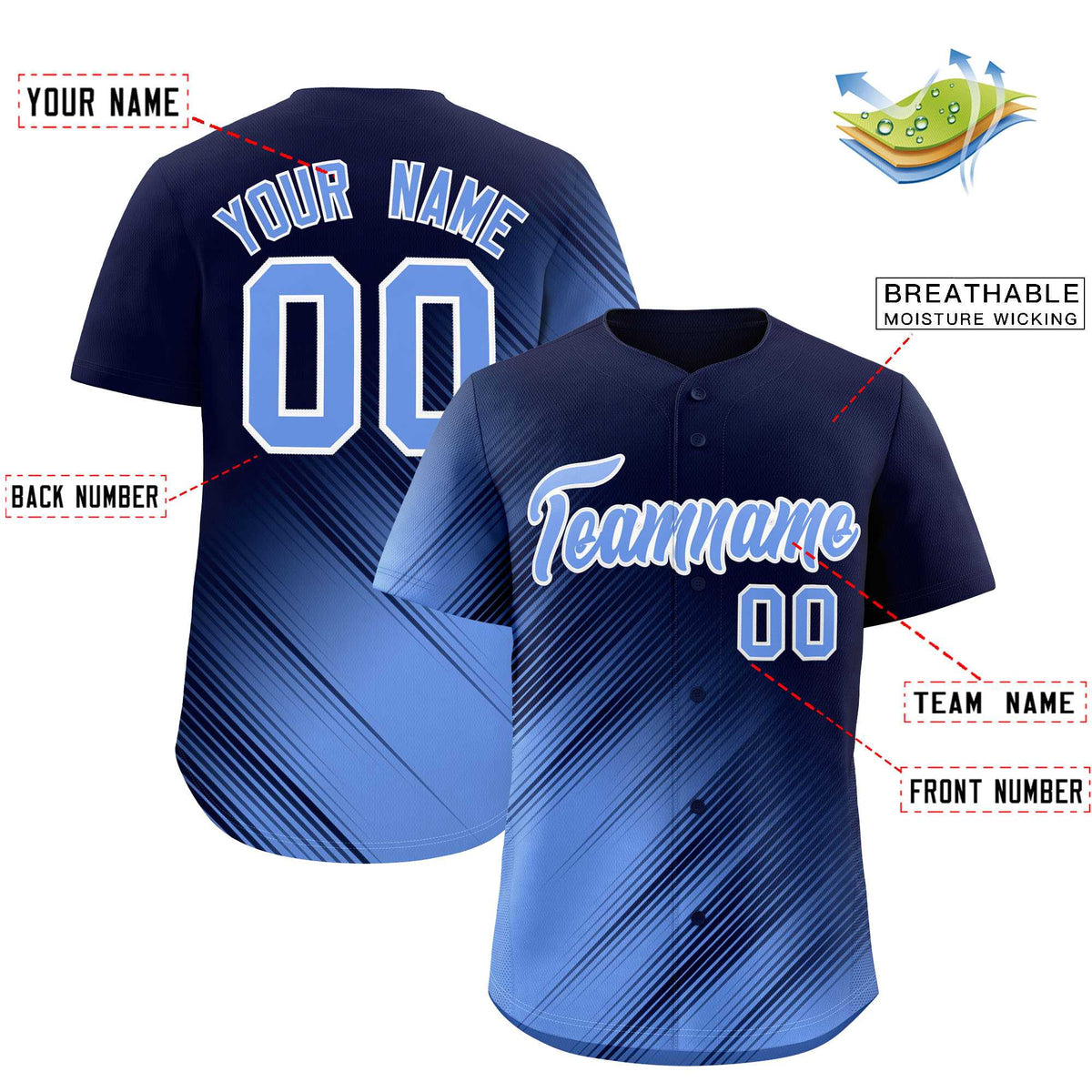 Custom Navy Light Blue Diagonal Stripe Personalized Gradient Fashion Baseball Jersey