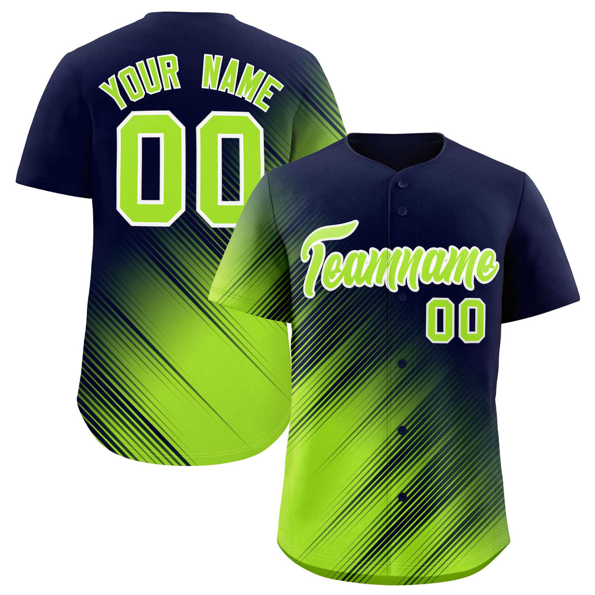 Custom Navy Neon Green Diagonal Stripe Personalized Gradient Fashion Baseball Jersey