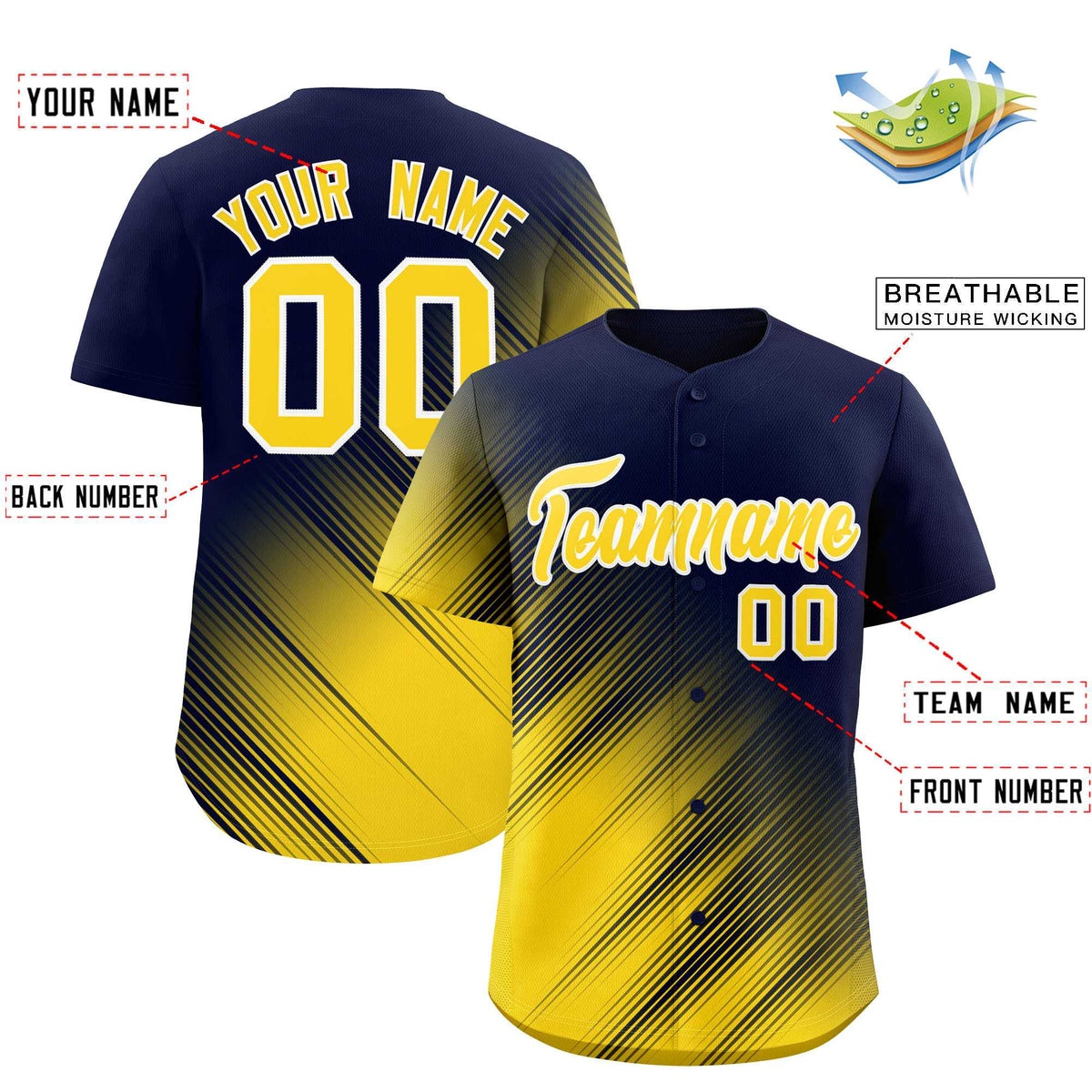 Custom Navy Gold Diagonal Stripe Personalized Gradient Fashion Baseball Jersey