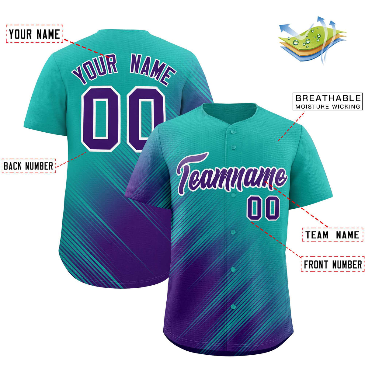 Custom Aqua Purple Diagonal Stripe Personalized Gradient Fashion Baseball Jersey