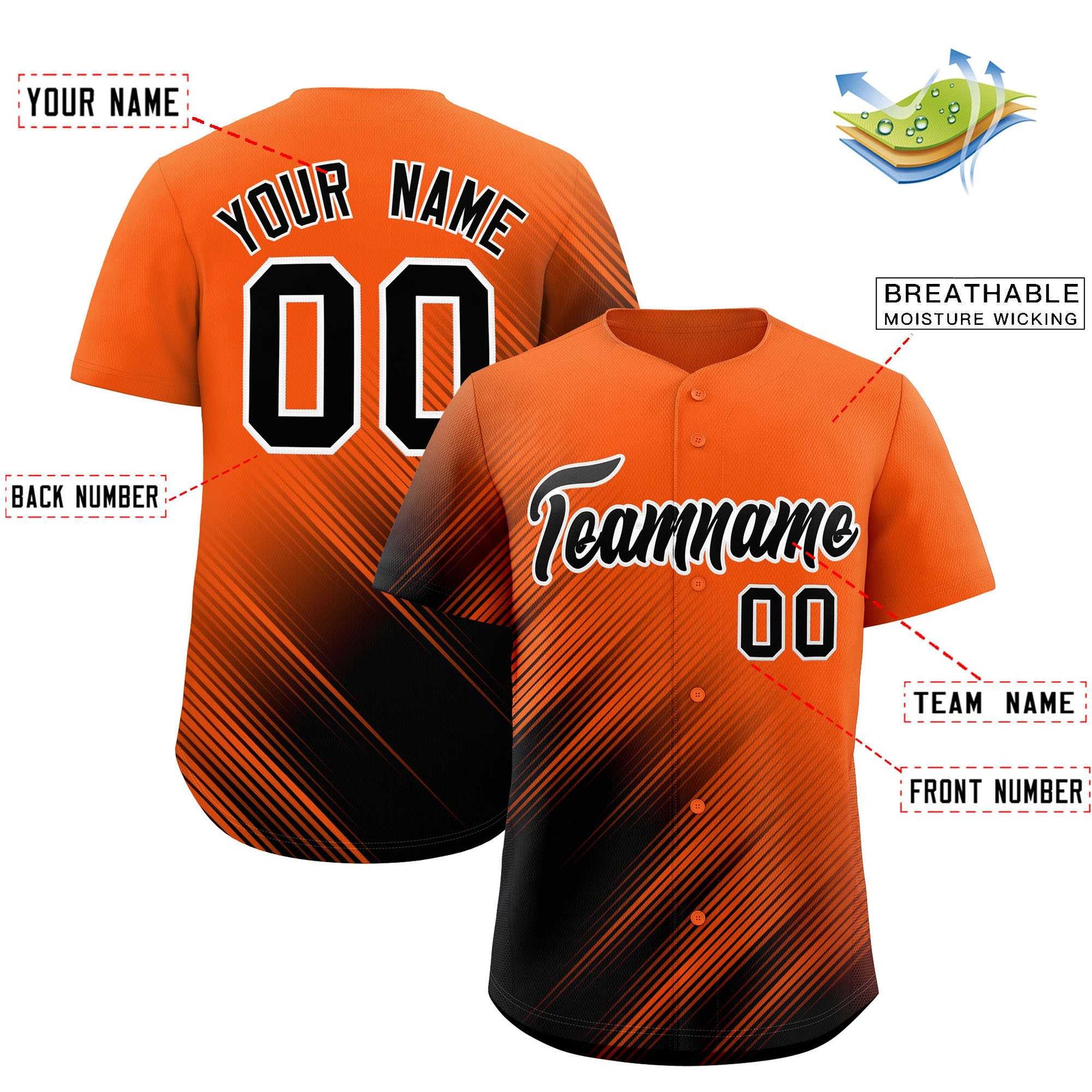 Custom Orange Black Diagonal Stripe Personalized Gradient Fashion Baseball Jersey