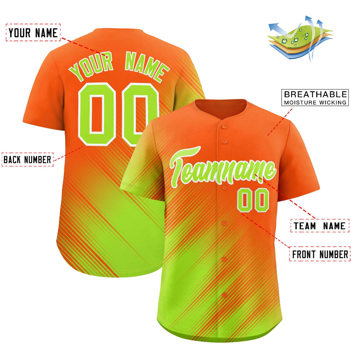 Custom Orange Neon Green Diagonal Stripe Personalized Gradient Fashion Baseball Jersey