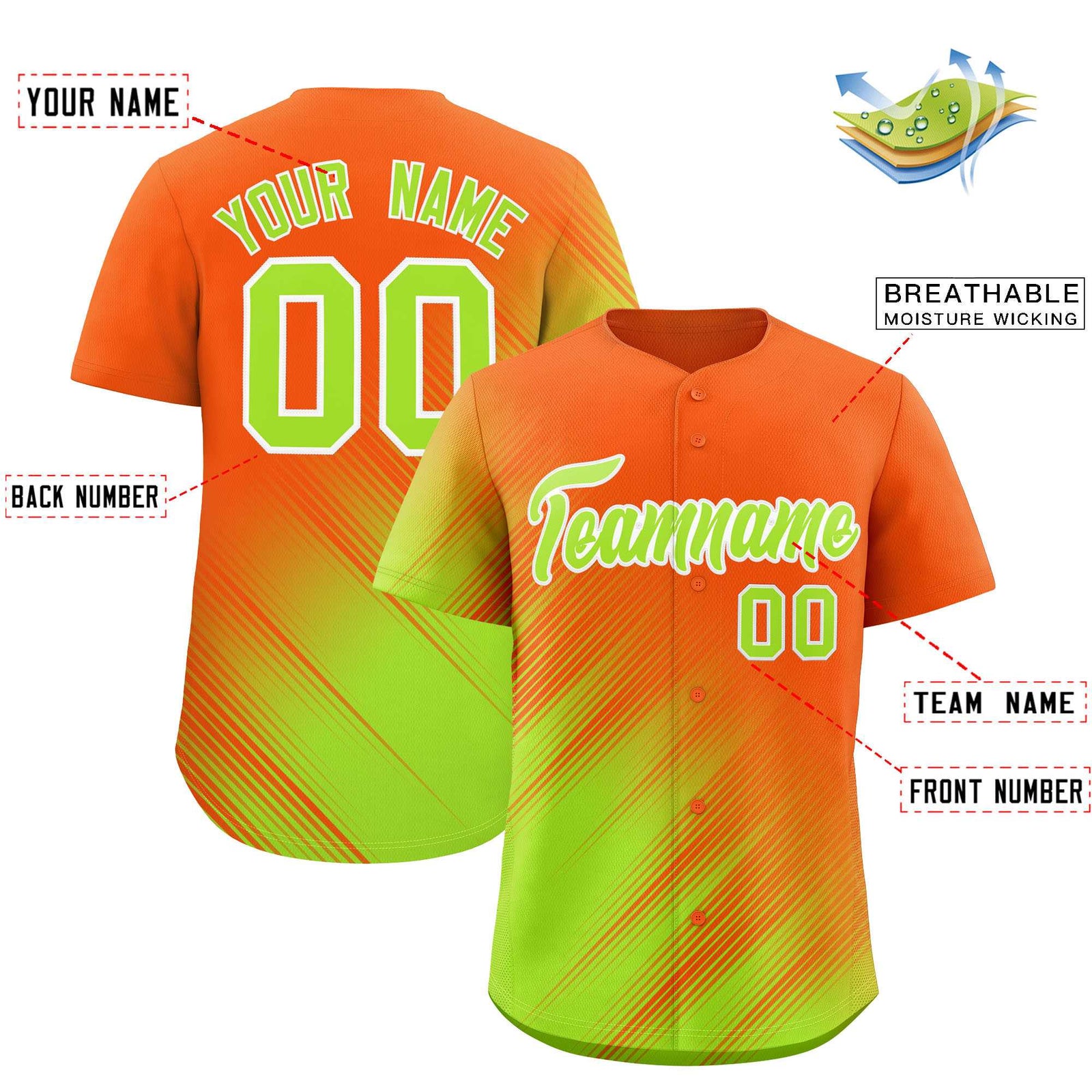 Custom Orange Neon Green Diagonal Stripe Personalized Gradient Fashion Baseball Jersey