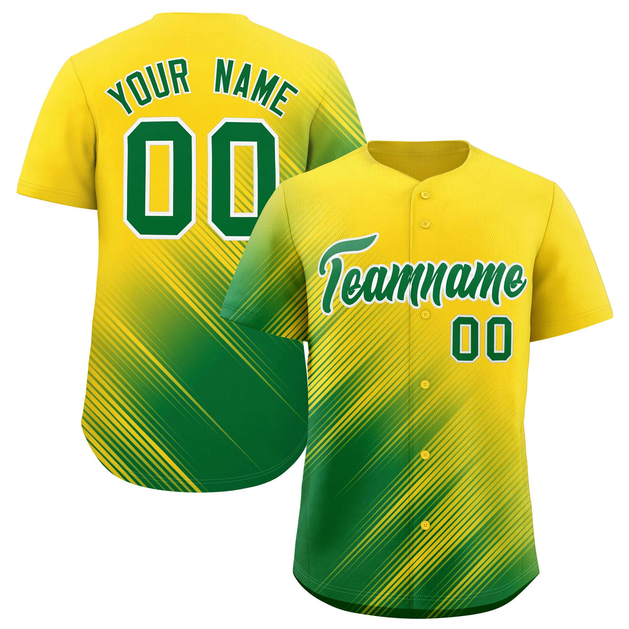 Custom Gold Kelly Green Diagonal Stripe Personalized Gradient Fashion Baseball Jersey
