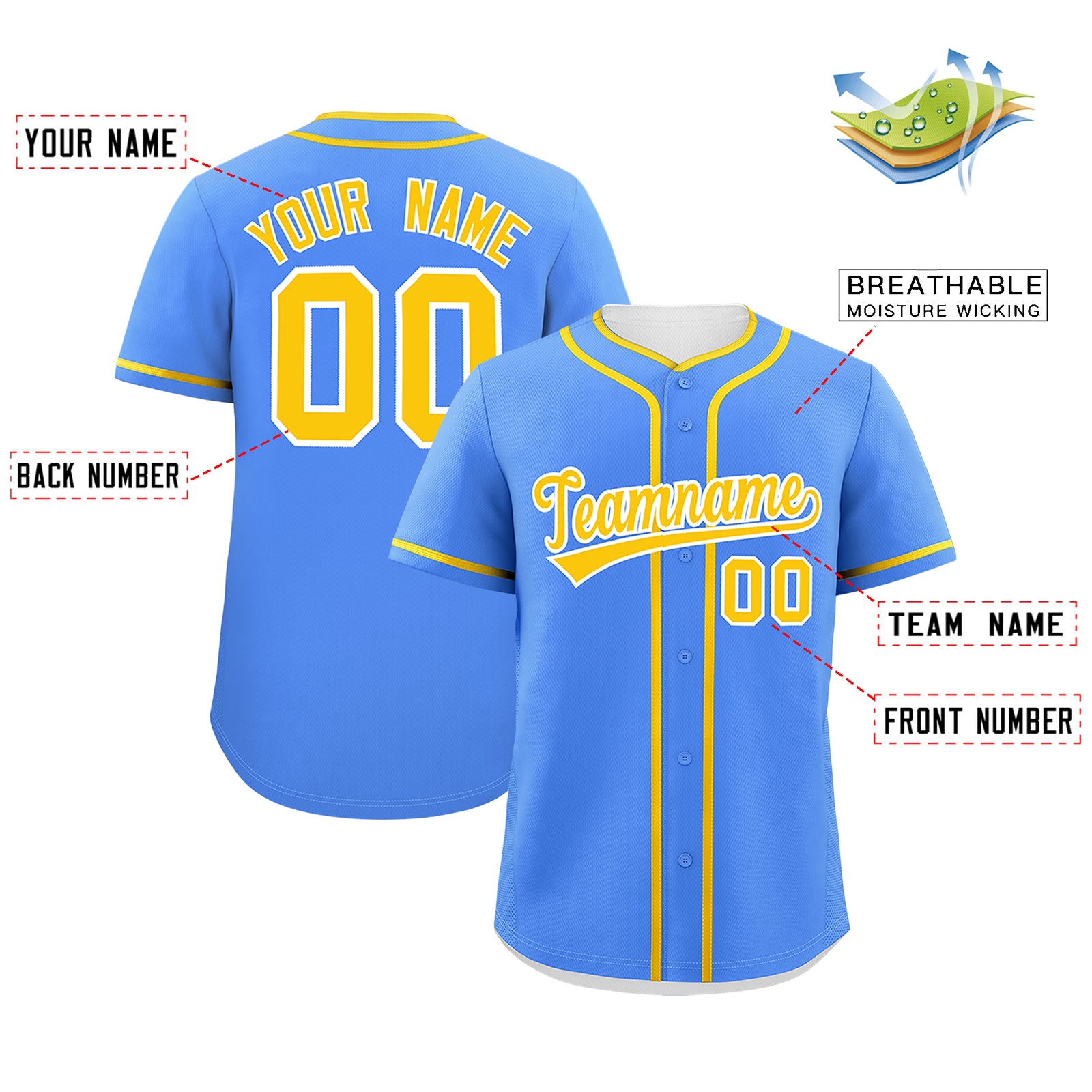 Custom Powder Blue Gold Personalized Classic Authentic Baseball Jersey