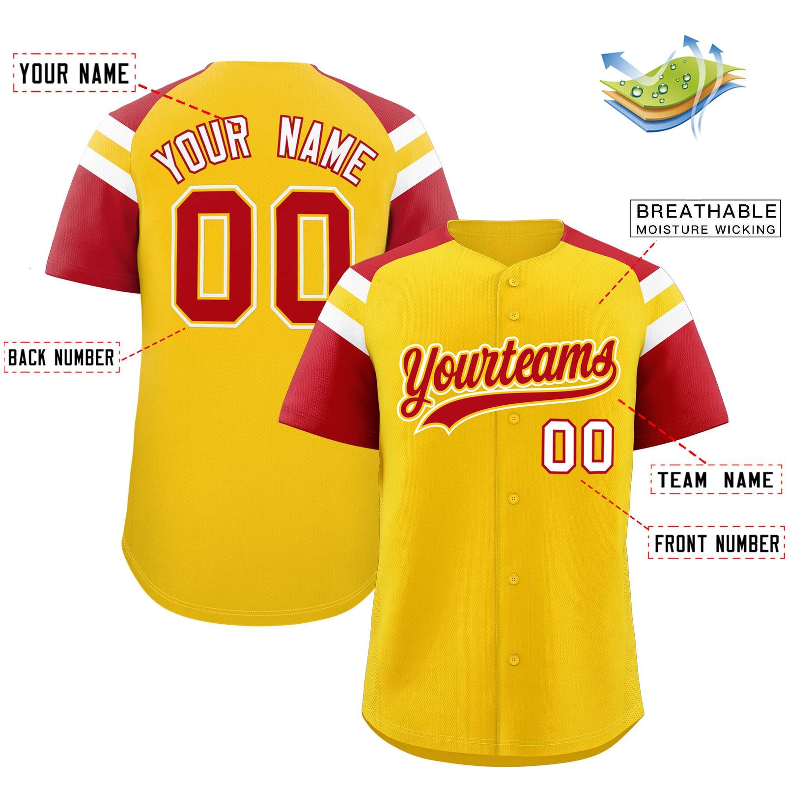Custom Gold Red Contrast Raglan Sleeves Authentic Baseball Jersey