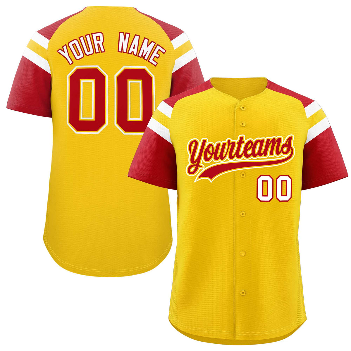 Custom Gold Red Contrast Raglan Sleeves Authentic Baseball Jersey