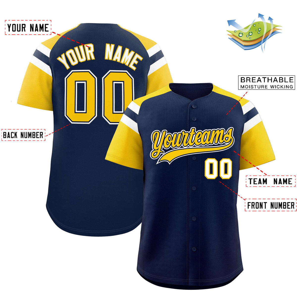 Custom Navy Gold Contrast Raglan Sleeves Authentic Baseball Jersey