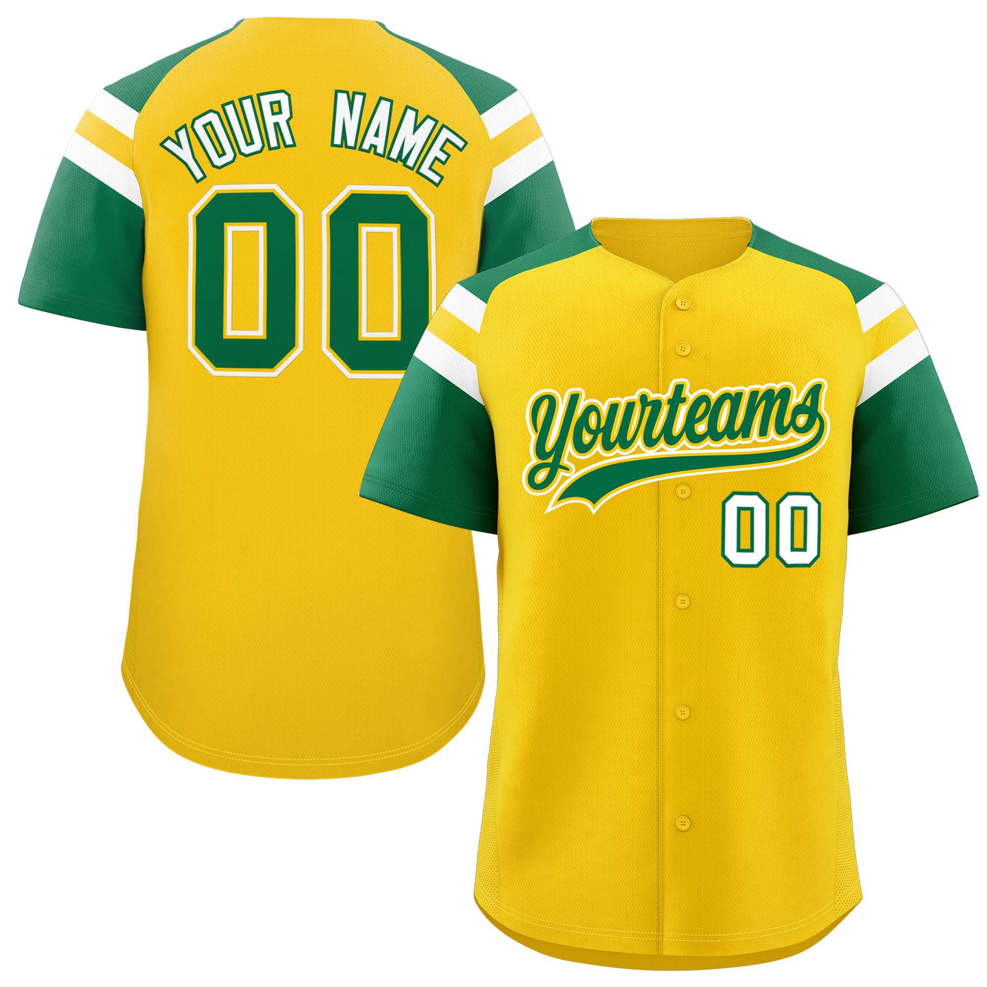 Custom Gold Kelly Green Contrast Raglan Sleeves Authentic Baseball Jersey