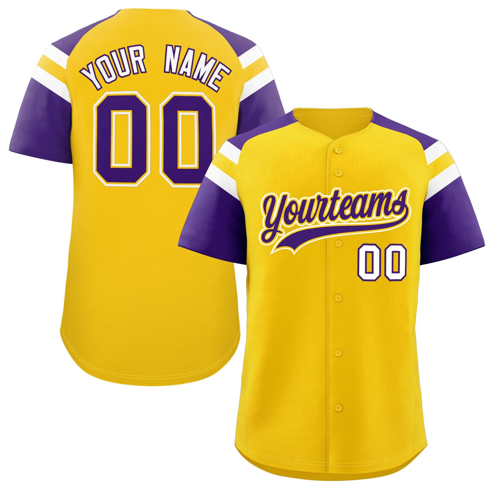 Custom Gold Purple Contrast Raglan Sleeves Authentic Baseball Jersey