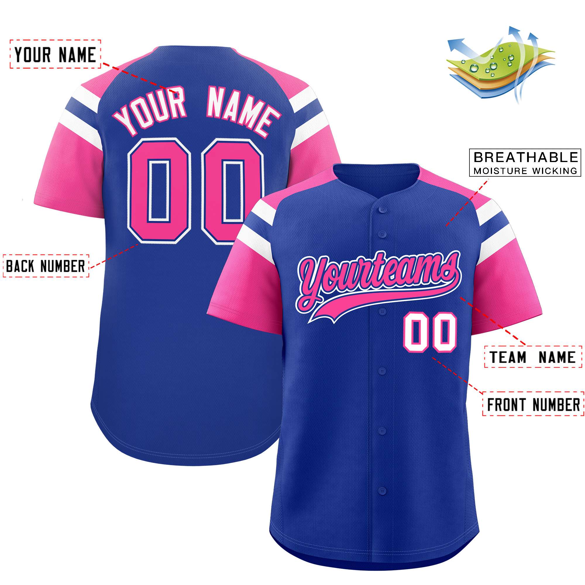 Custom Royal Pink Contrast Raglan Sleeves Authentic Baseball Jersey