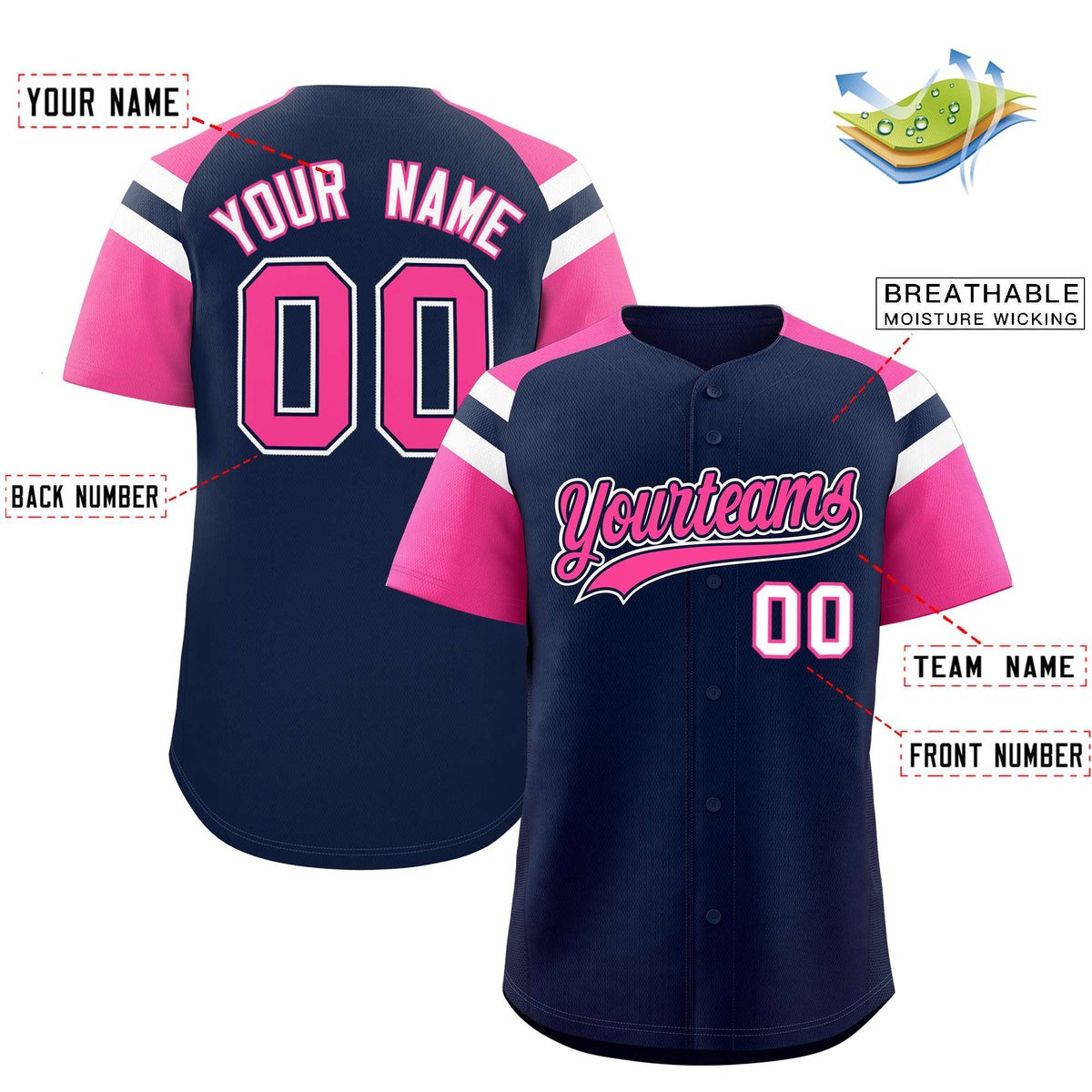 Custom Navy Pink Contrast Raglan Sleeves Authentic Baseball Jersey