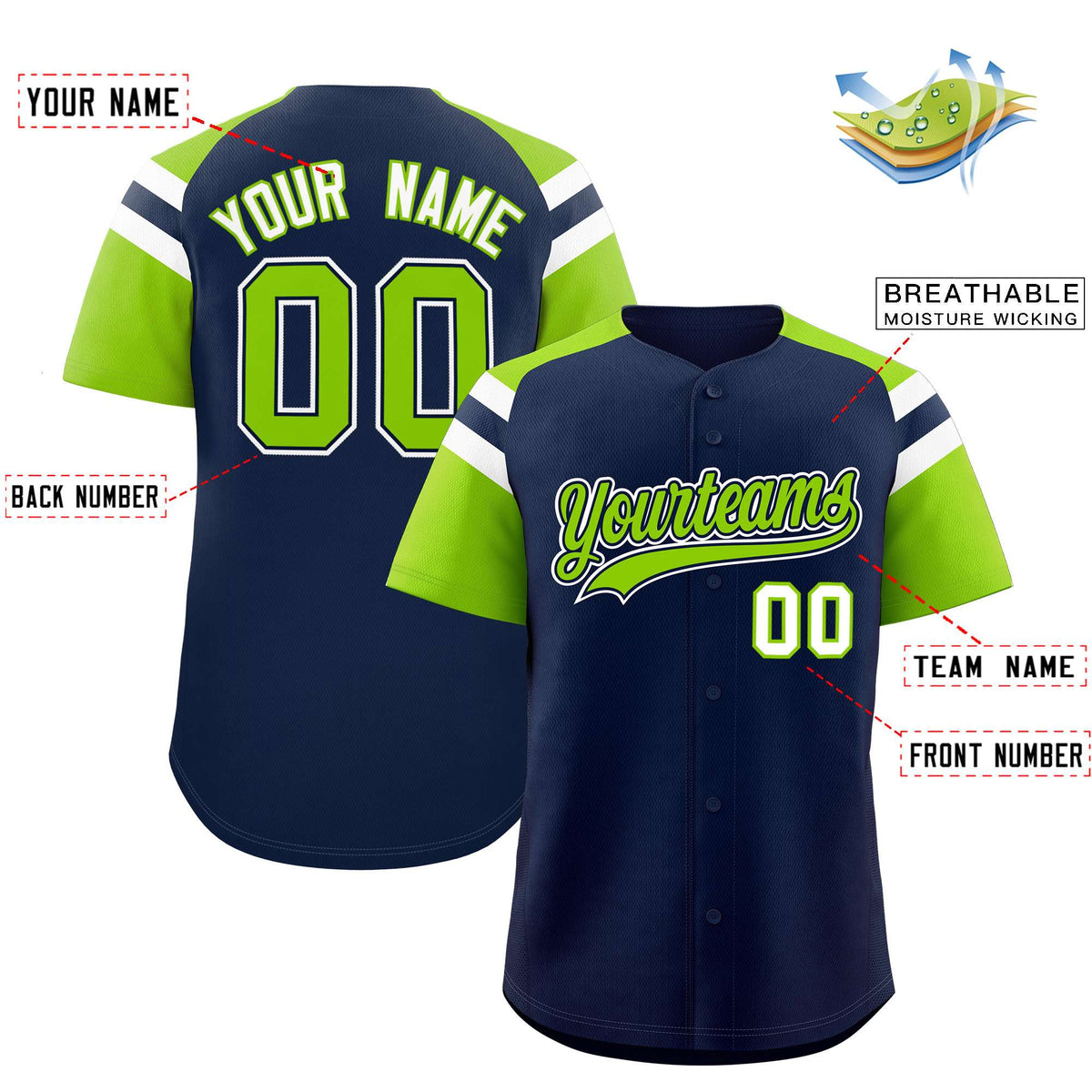 Custom Navy Neon Green Contrast Raglan Sleeves Authentic Baseball Jersey