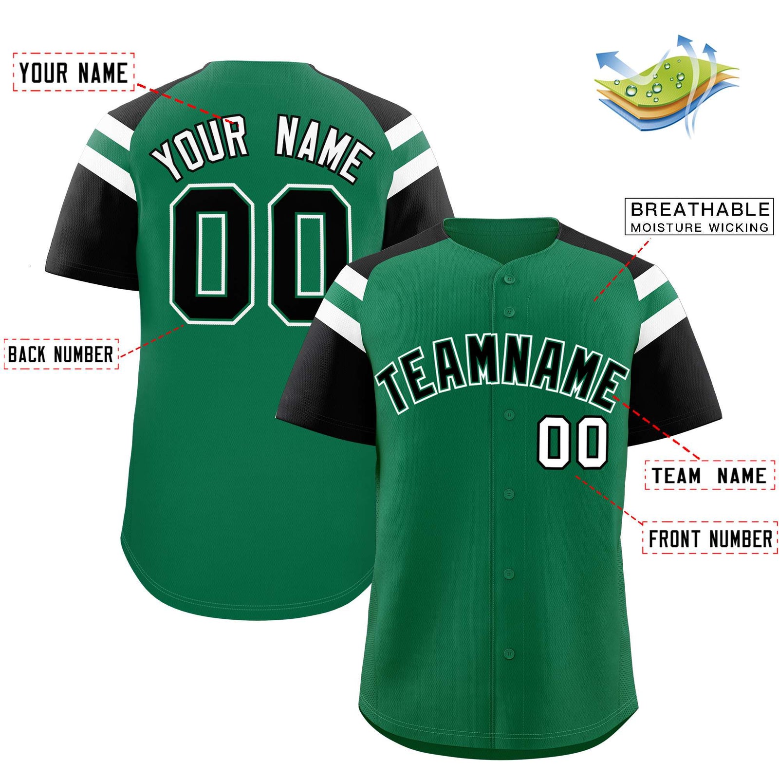 Custom Kelly Green Black Contrast Raglan Sleeves Authentic Baseball Jersey
