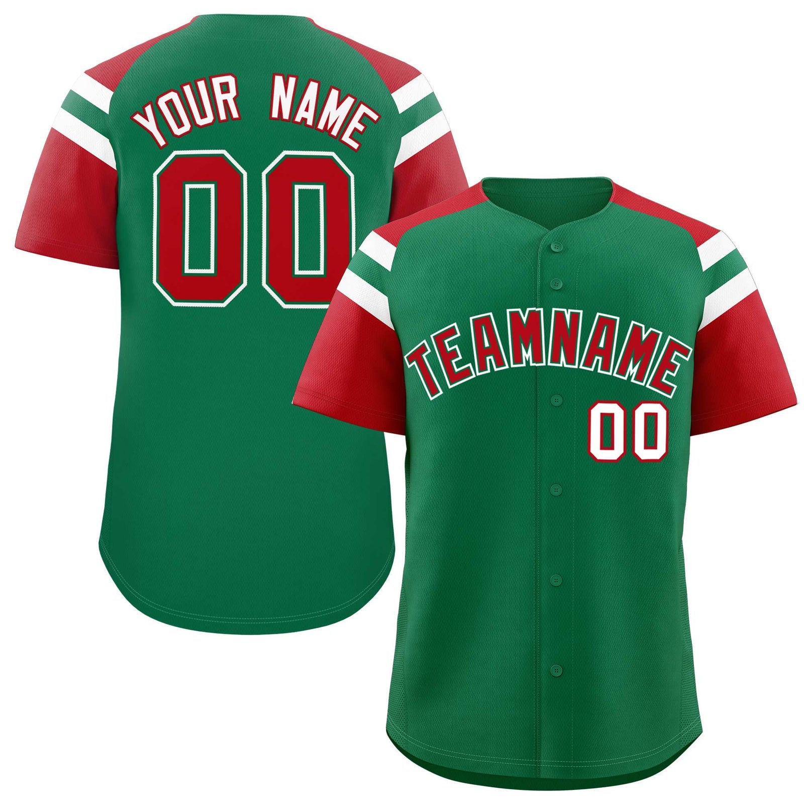 Custom Kelly Green Red Contrast Raglan Sleeves Authentic Baseball Jersey