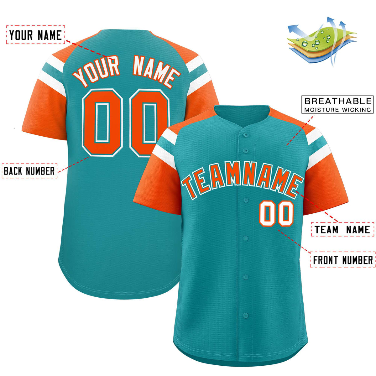 Custom Aqua Orange Contrast Raglan Sleeves Authentic Baseball Jersey
