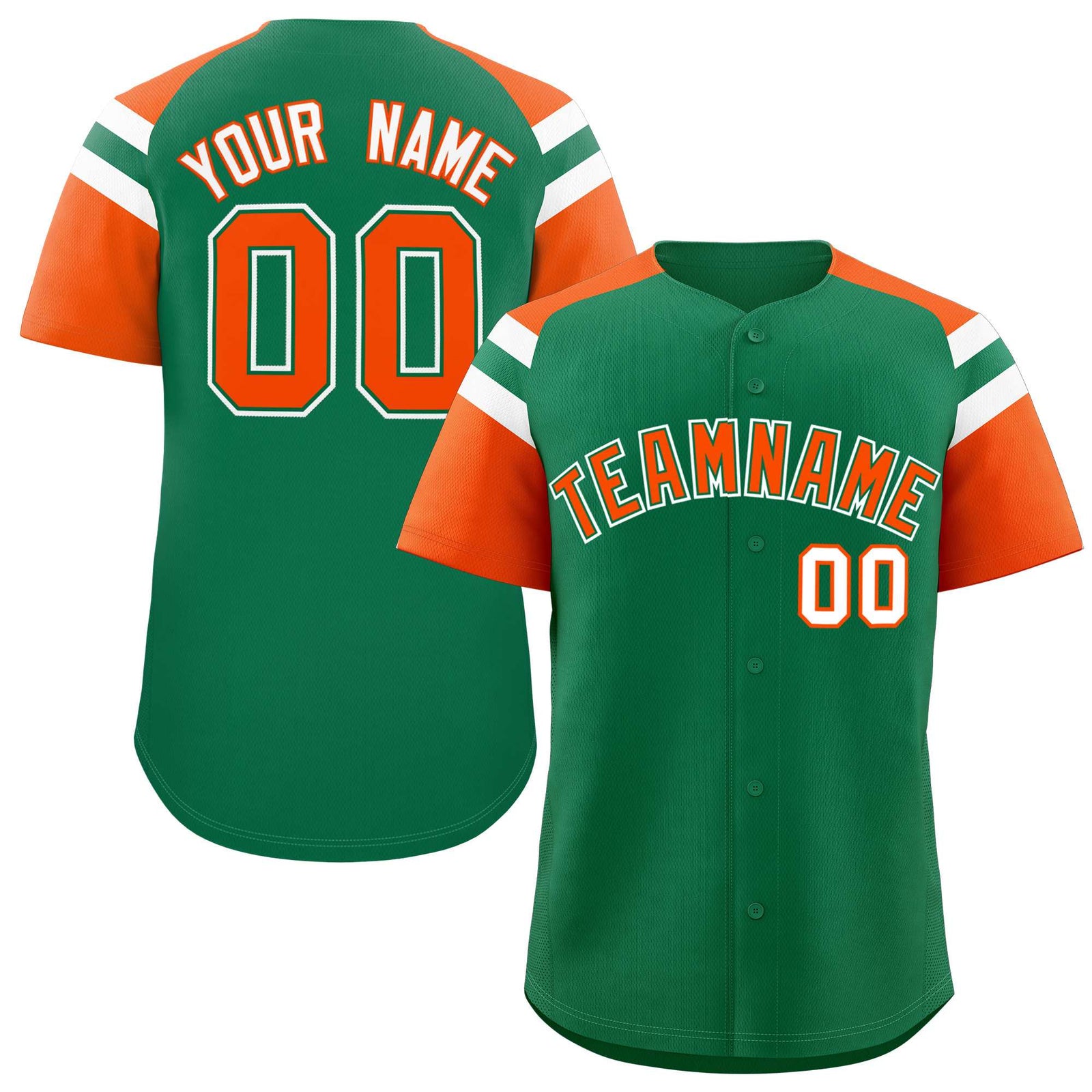 Custom Kelly Green Orange Contrast Raglan Sleeves Authentic Baseball Jersey