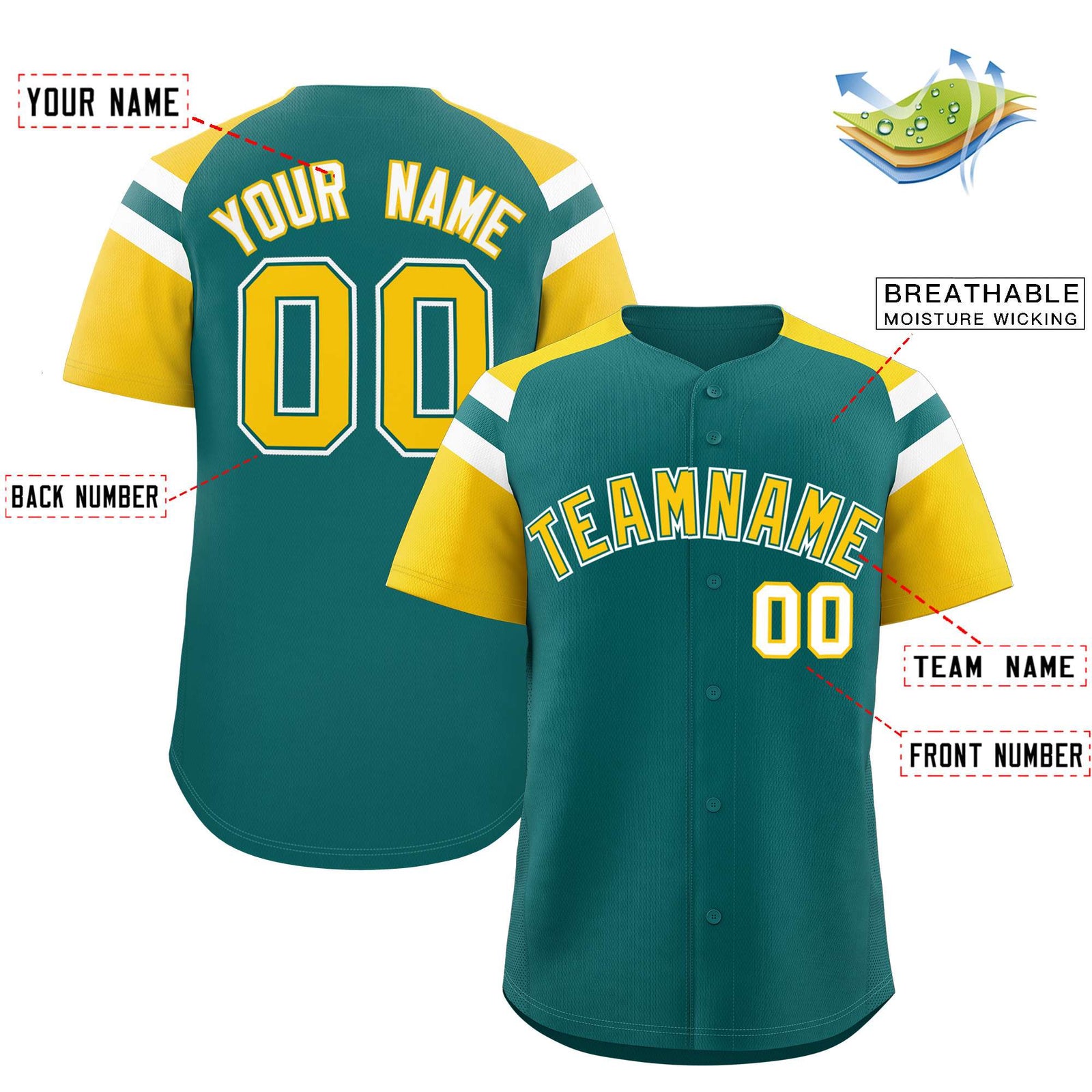 Custom Aqua Gold Contrast Raglan Sleeves Authentic Baseball Jersey