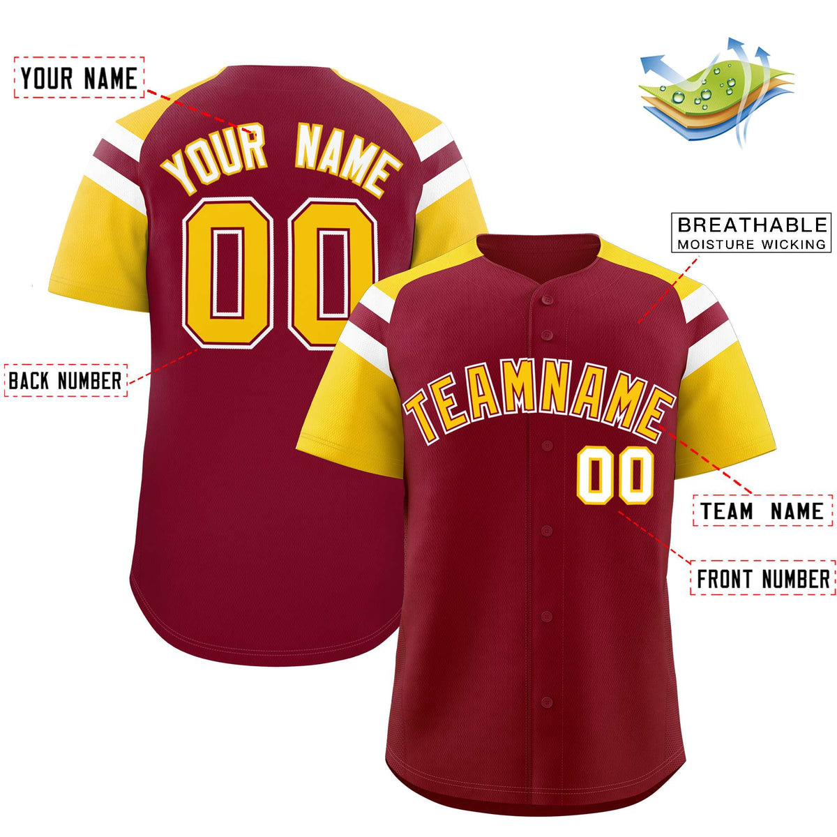 Custom Crimson Gold Contrast Raglan Sleeves Authentic Baseball Jersey