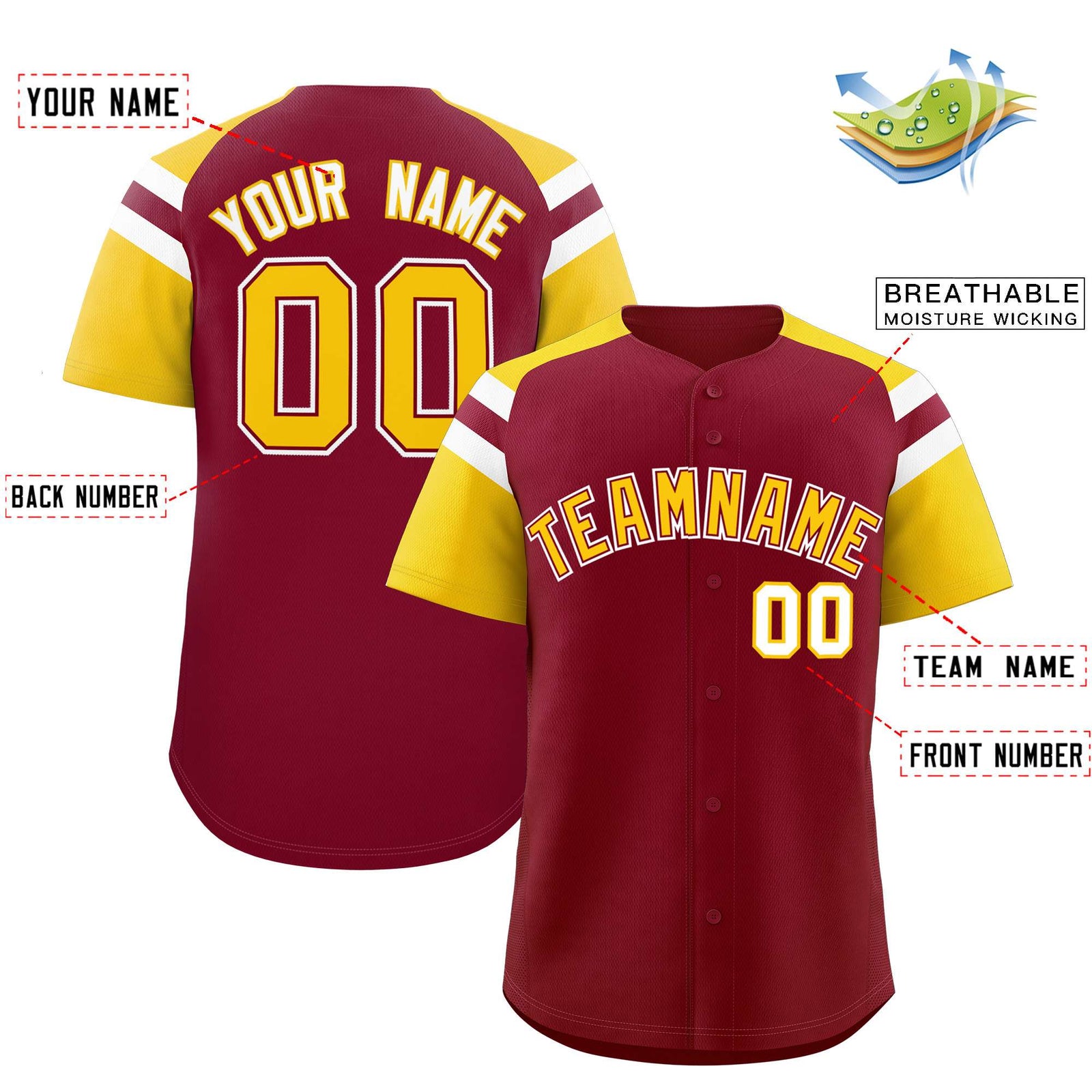 Custom Crimson Gold Contrast Raglan Sleeves Authentic Baseball Jersey