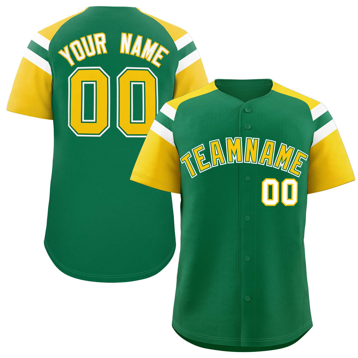 Custom Kelly Green Gold Contrast Raglan Sleeves Authentic Baseball Jersey