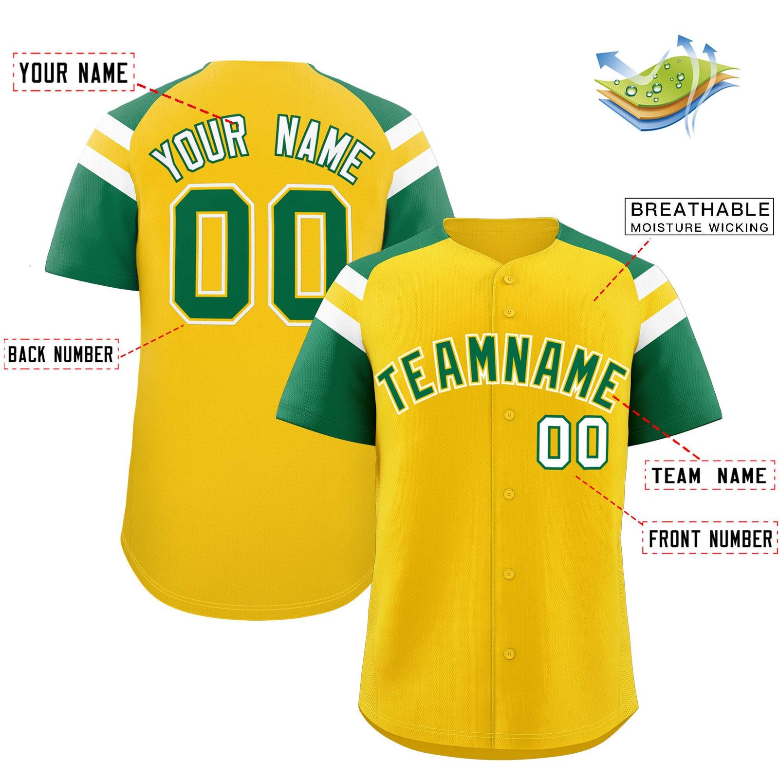 Custom Gold Kelly Green Contrast Raglan Sleeves Authentic Baseball Jersey