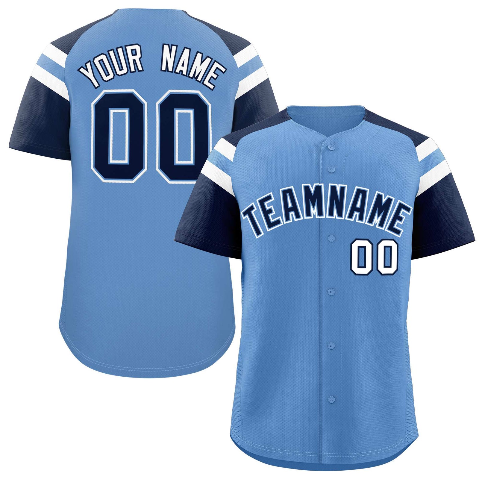 Custom Light Blue Navy Contrast Raglan Sleeves Authentic Baseball Jersey
