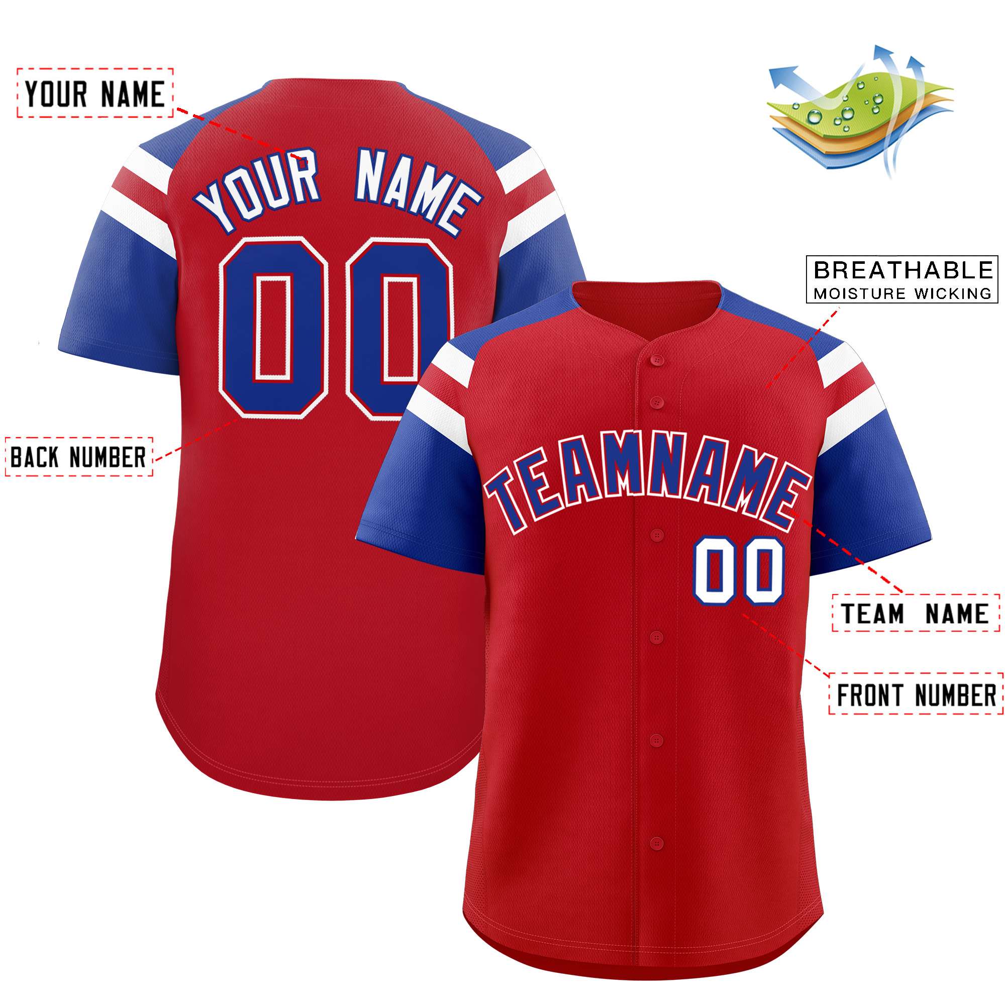 Custom Red Royal Contrast Raglan Sleeves Authentic Baseball Jersey