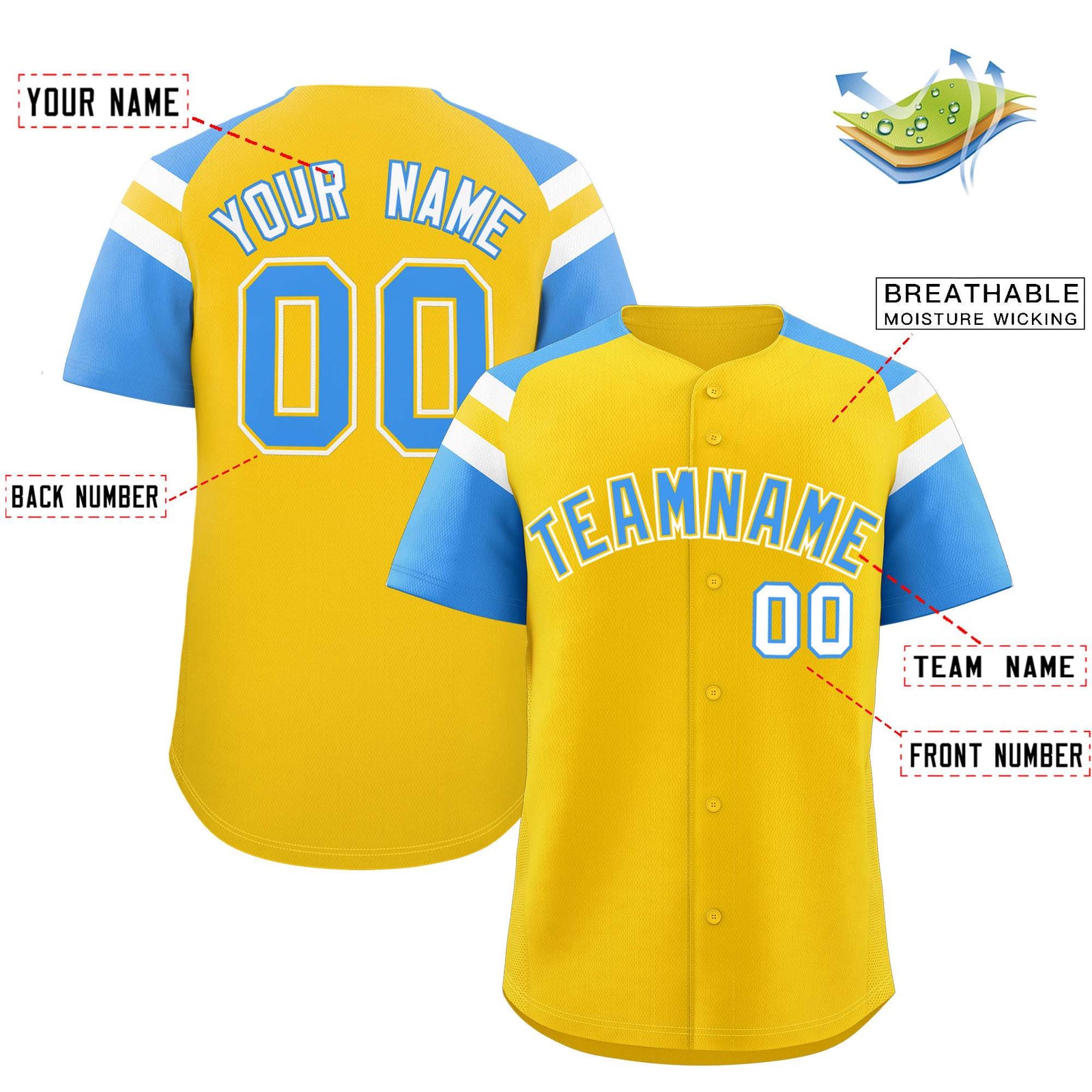 Custom Gold Powder Blue Contrast Raglan Sleeves Authentic Baseball Jersey