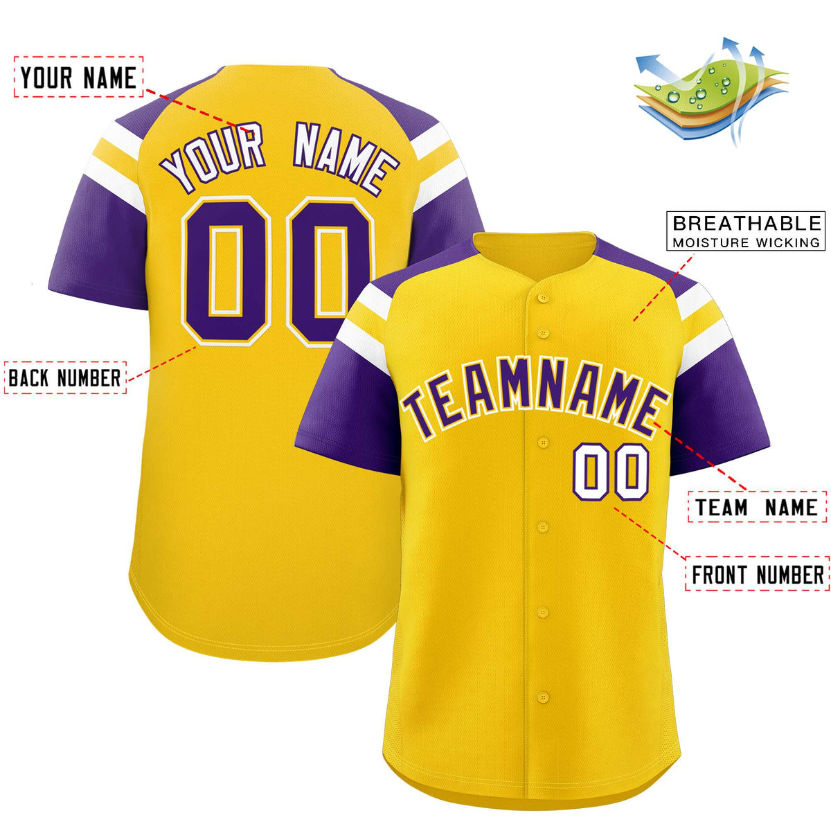 Custom Gold Purple Contrast Raglan Sleeves Authentic Baseball Jersey