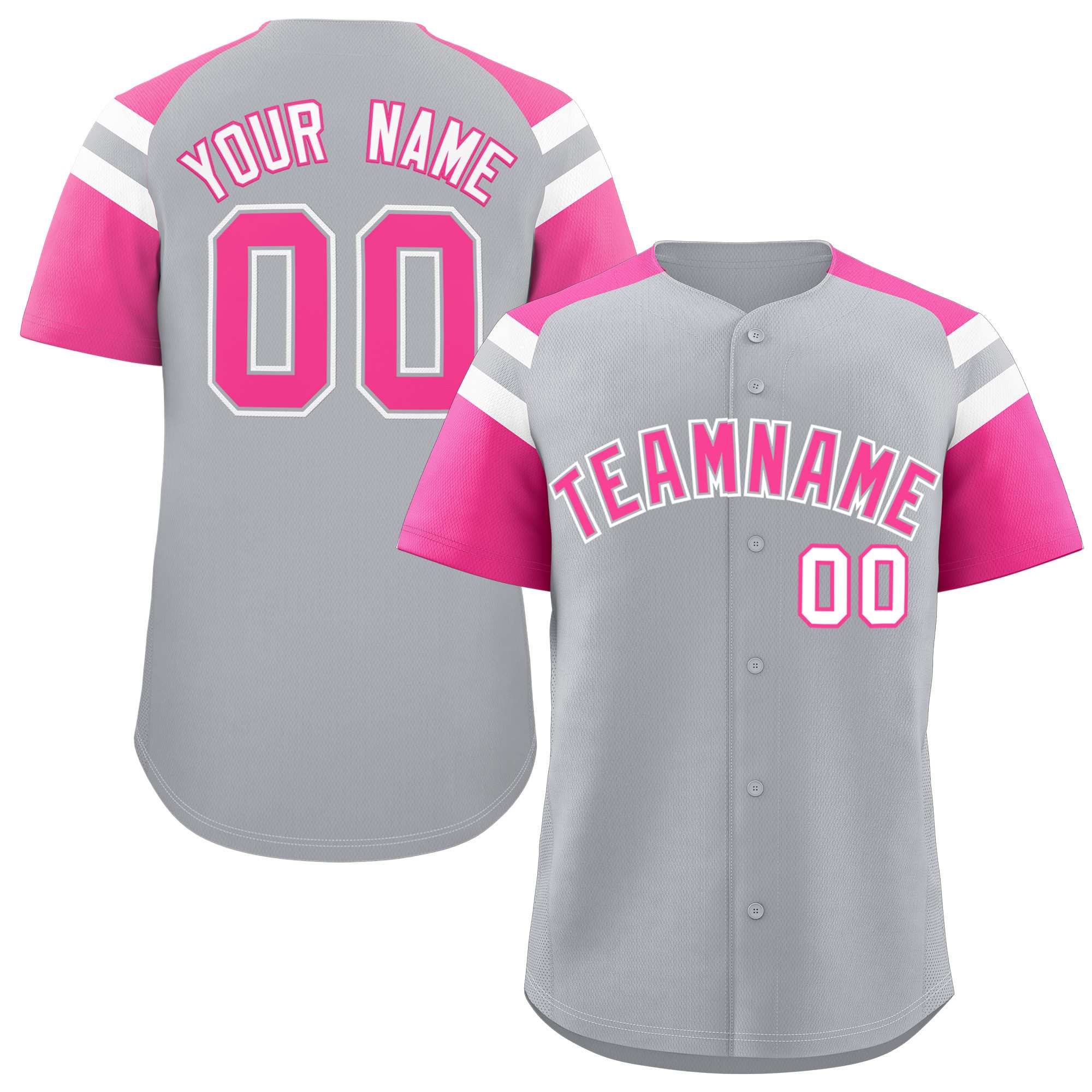 Custom Silver Pink Contrast Raglan Sleeves Authentic Baseball Jersey