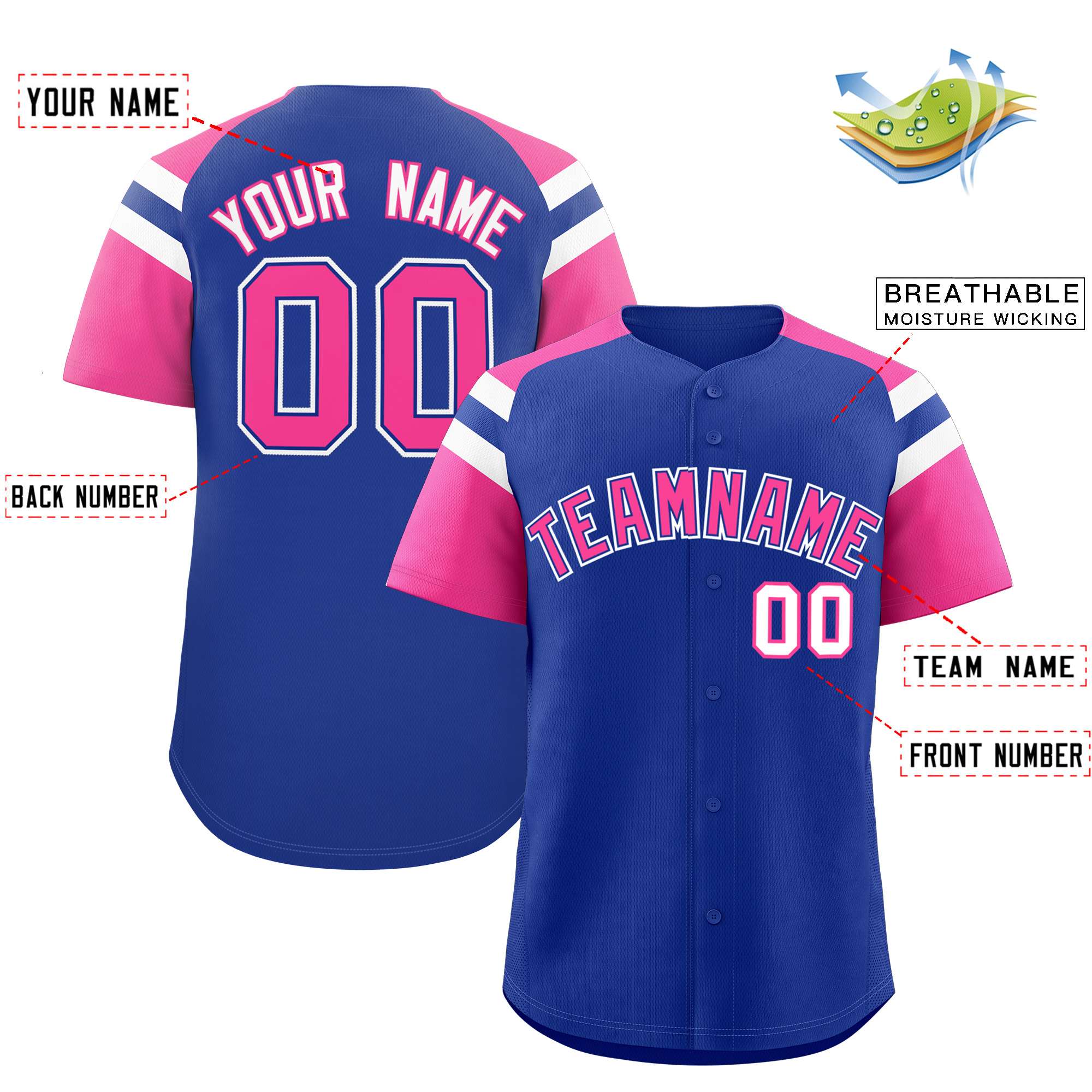 Custom Royal Pink Contrast Raglan Sleeves Authentic Baseball Jersey