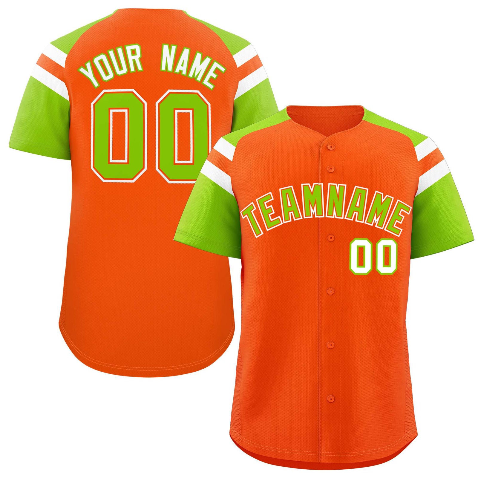 Custom Orange Neon Green Contrast Raglan Sleeves Authentic Baseball Jersey