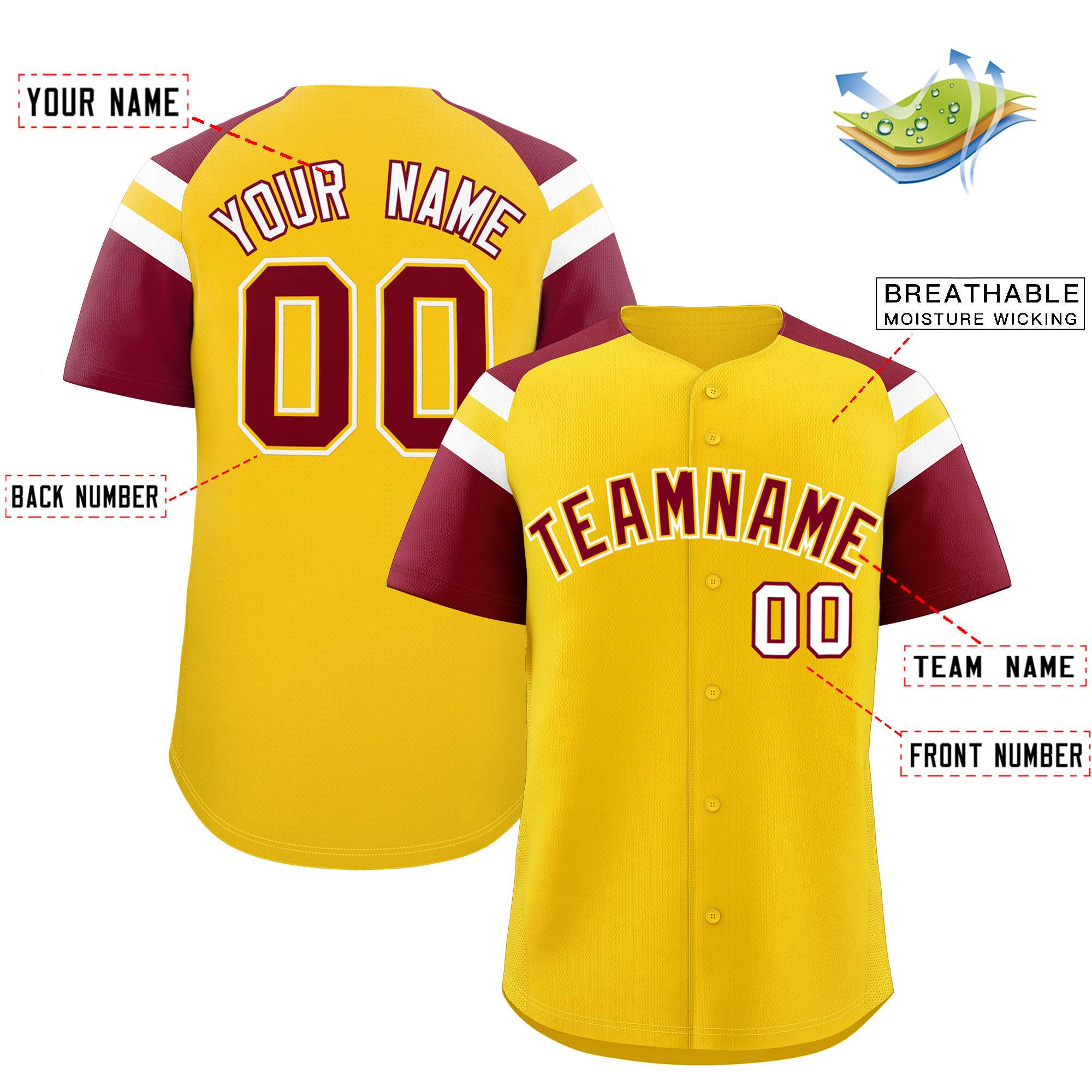 Custom Gold Crimson Contrast Raglan Sleeves Authentic Baseball Jersey