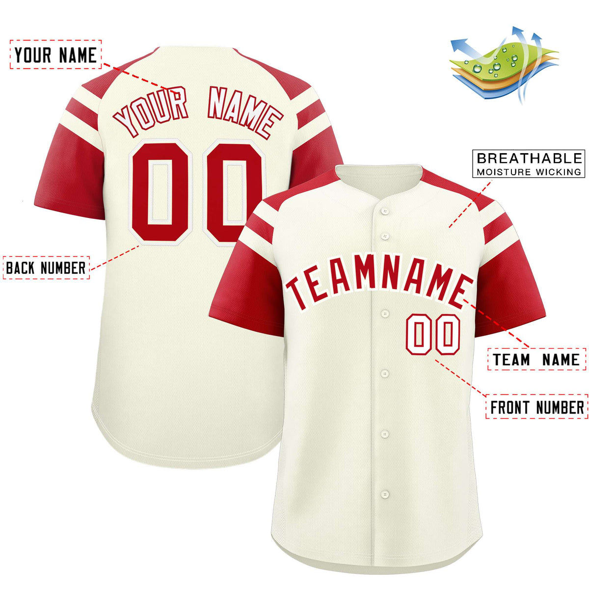 Custom Cream Red Contrast Raglan Sleeves Authentic Baseball Jersey
