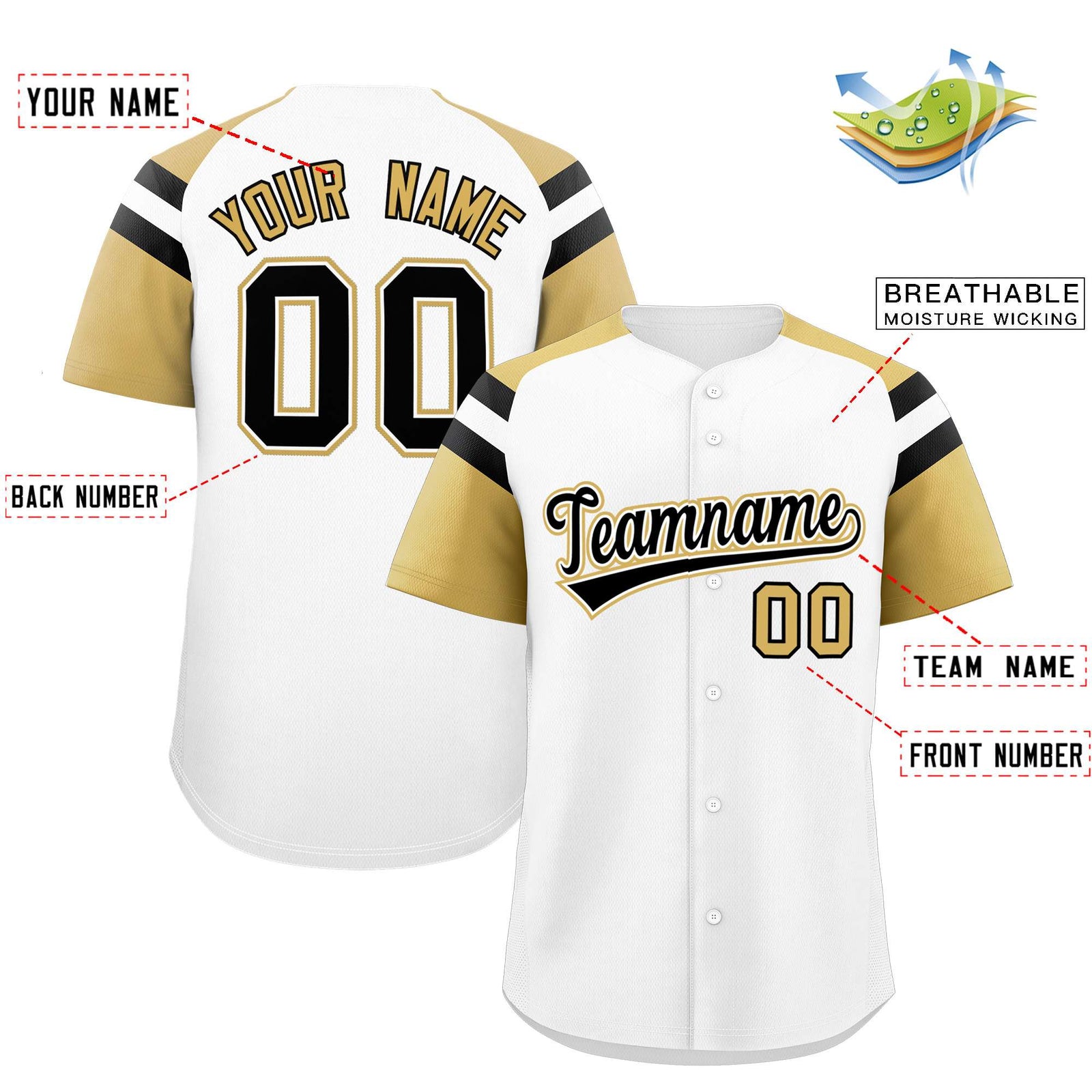 Custom White Old Gold Contrast Raglan Sleeves Authentic Baseball Jersey