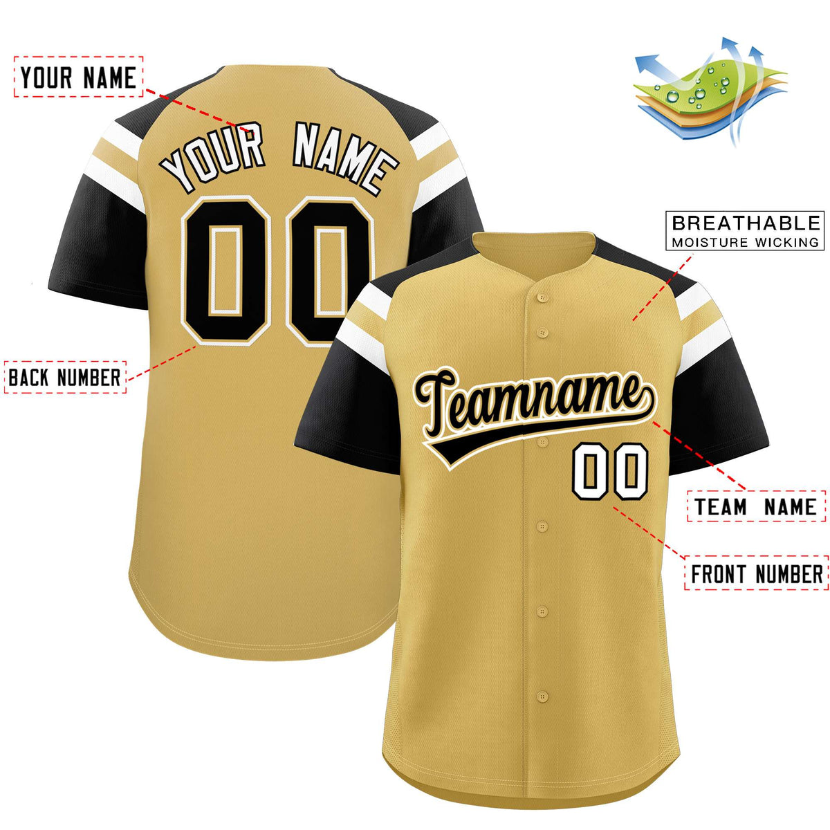 Custom Old Gold Black Contrast Raglan Sleeves Authentic Baseball Jersey