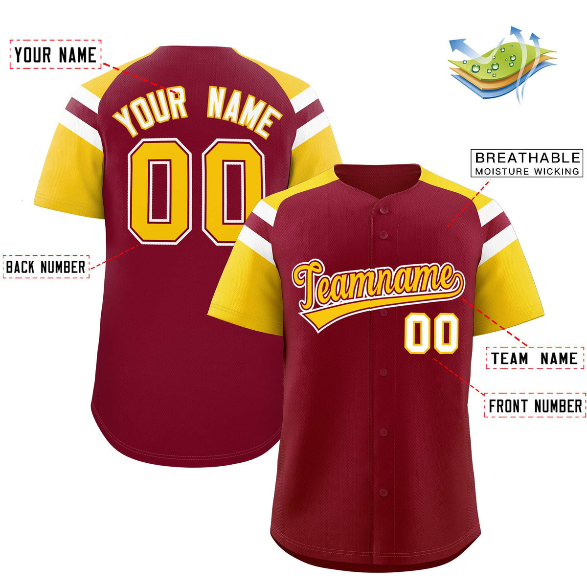 Custom Crimson Gold Contrast Raglan Sleeves Authentic Baseball Jersey