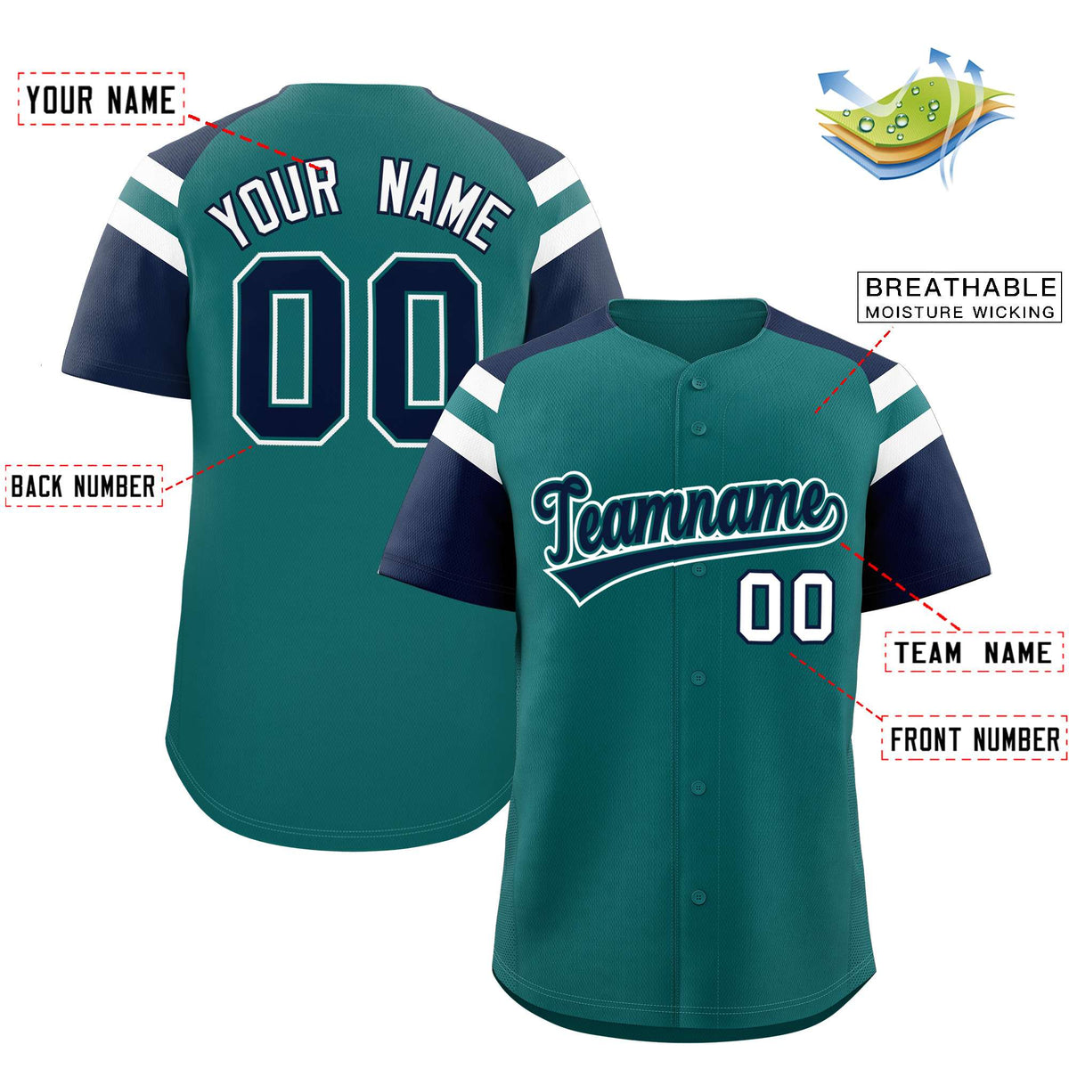 Custom Aqua Navy Contrast Raglan Sleeves Authentic Baseball Jersey