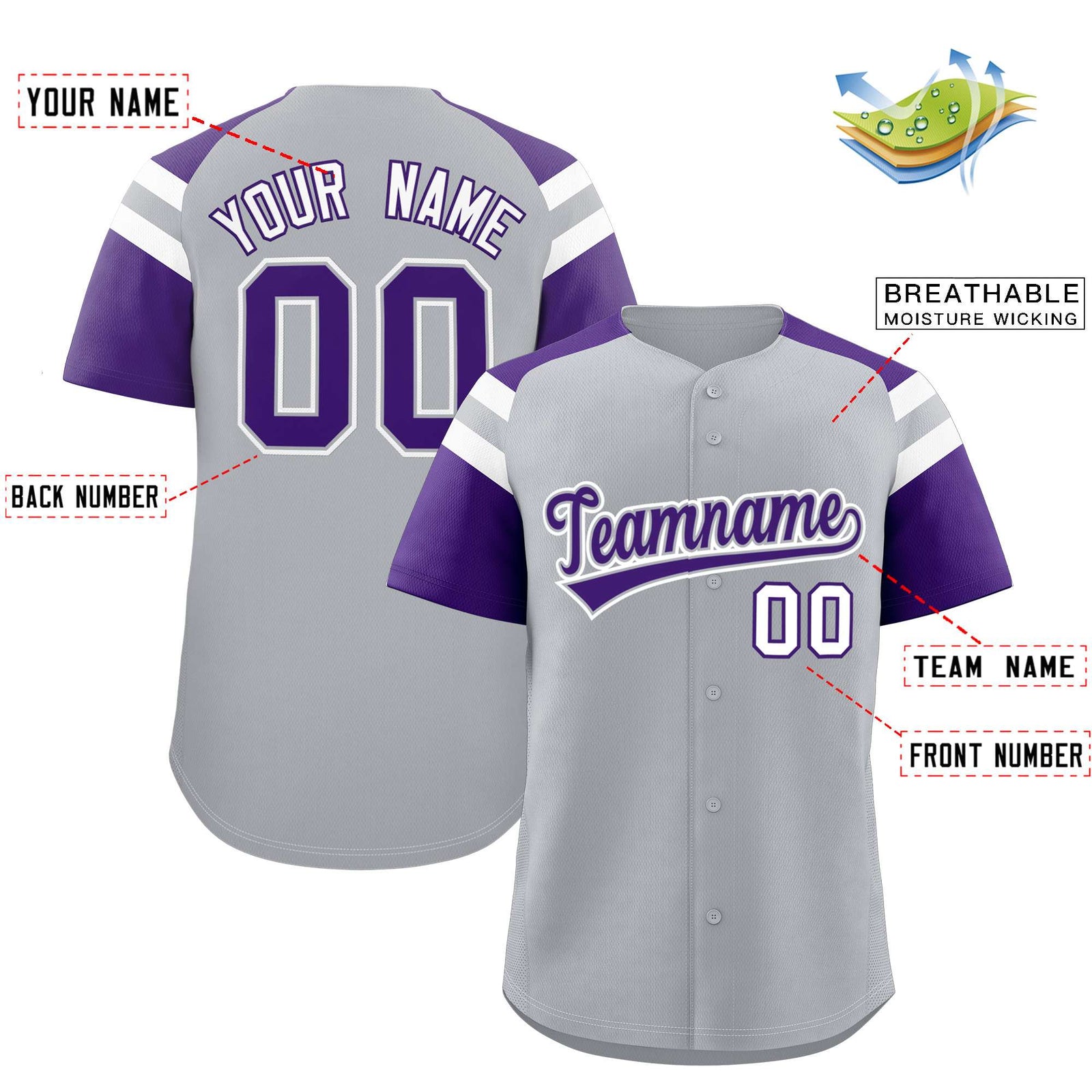 Custom Silver Purple Contrast Raglan Sleeves Authentic Baseball Jersey