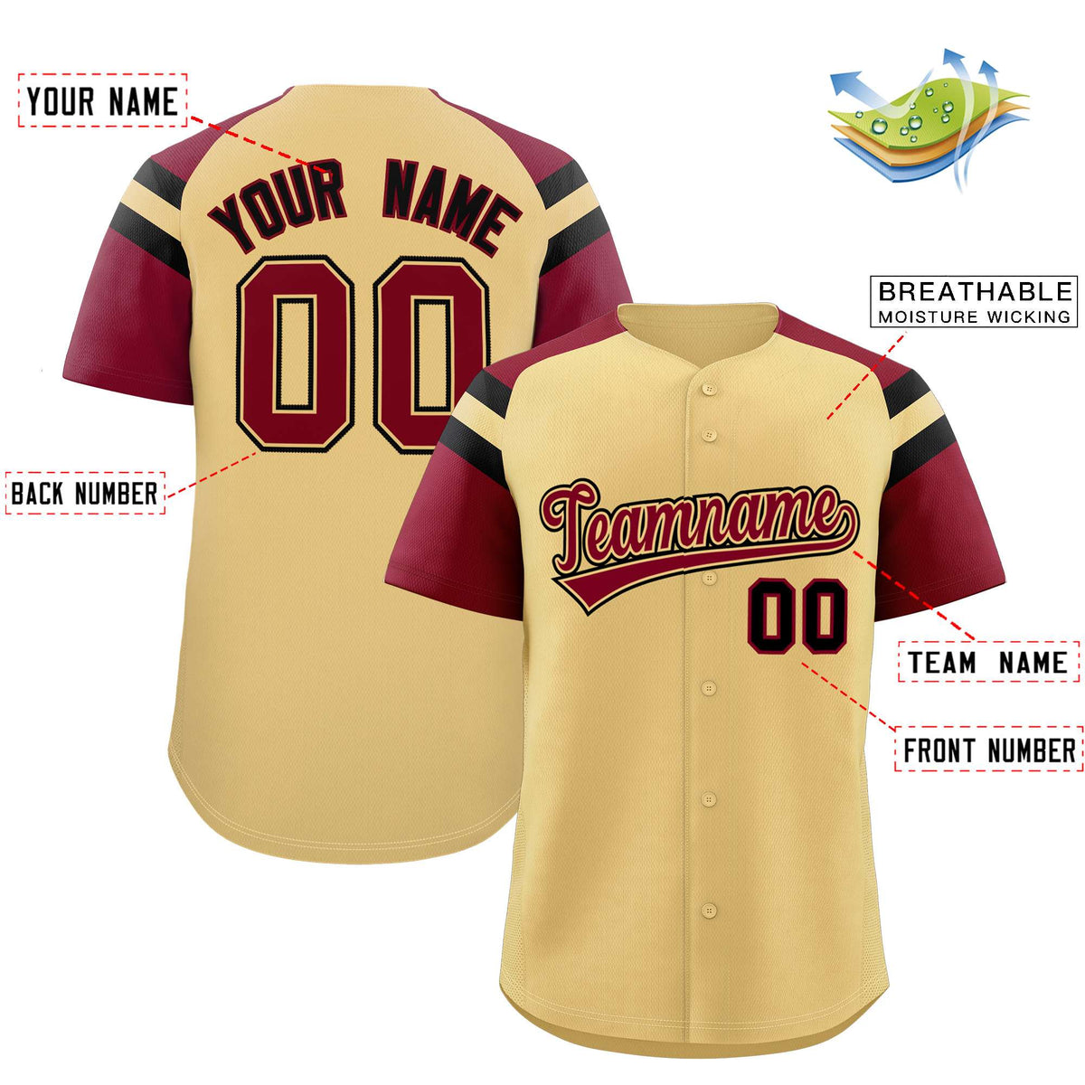 Custom Khaki Crimson Contrast Raglan Sleeves Authentic Baseball Jersey