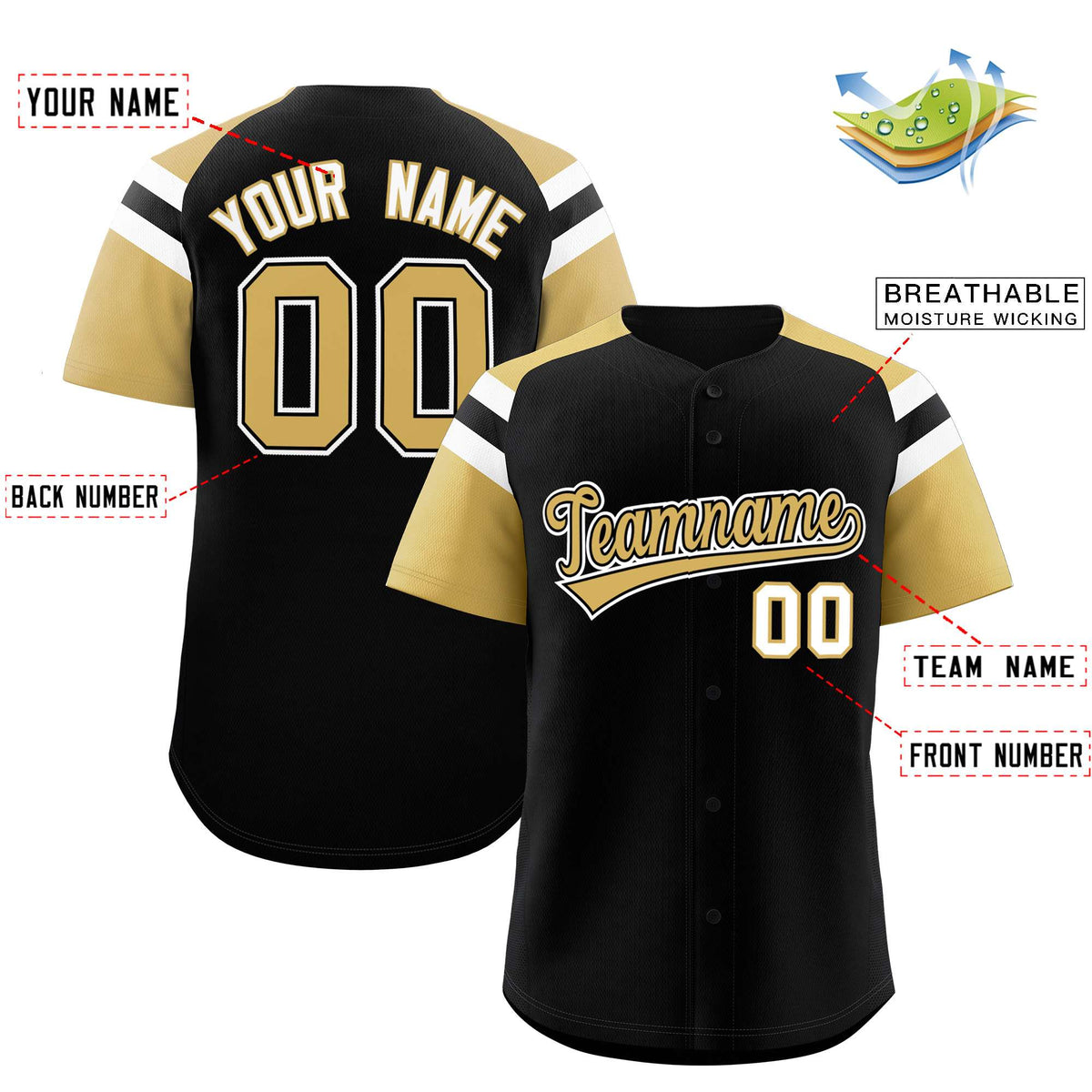 Custom Black Old Gold Contrast Raglan Sleeves Authentic Baseball Jersey